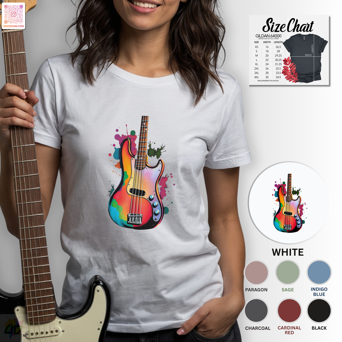 Colorful Jazz Bass Body in a vibrant splash graphic tee.