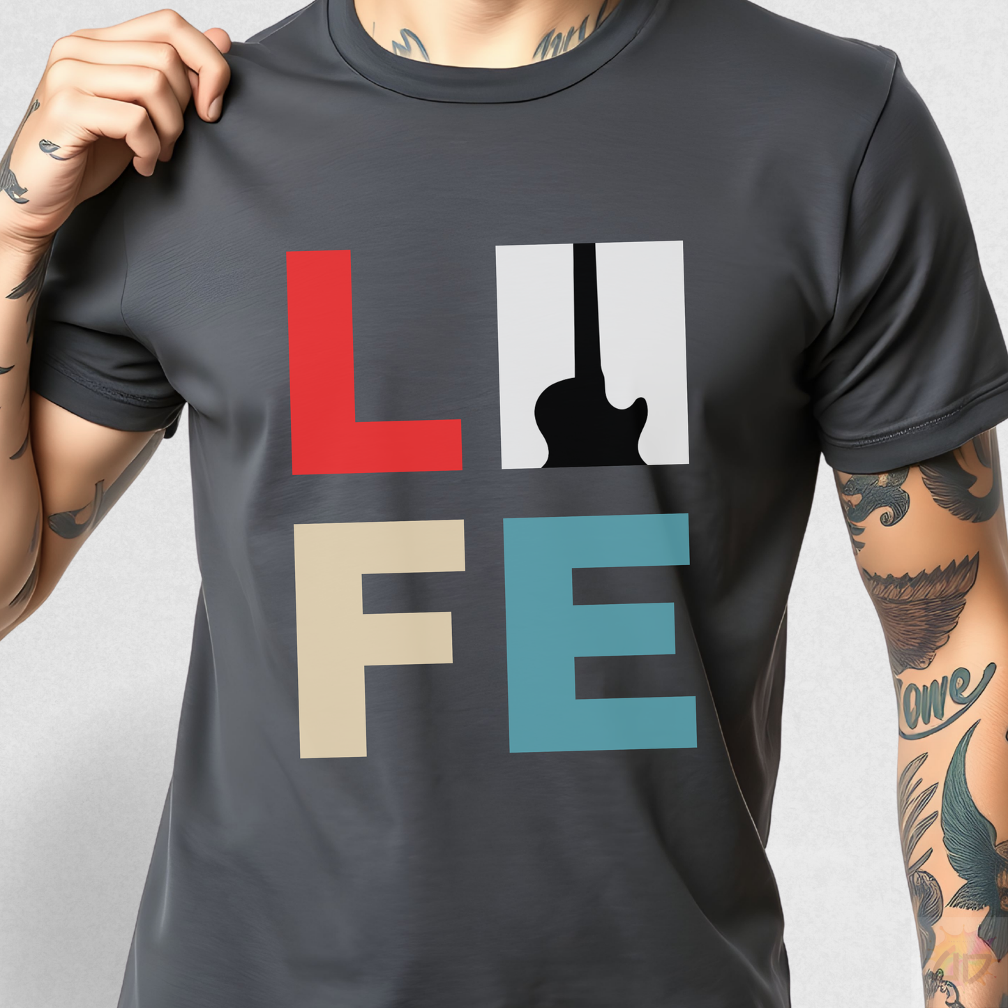 "LIFE" in Color with Guitar Graphic Tee.