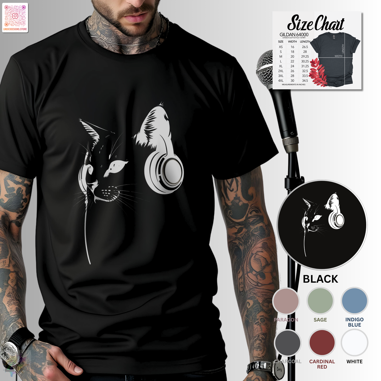 Silhouette of Chuck the Cat wearing headphones in a bust style graphic tee.