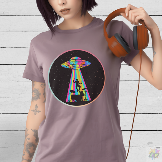 Drummer Being Abducted in a Colorful Beam Graphic Tee.