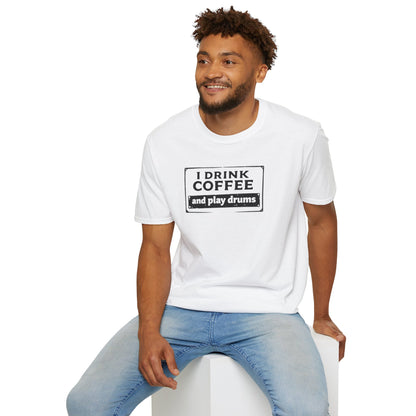 "I drink coffee and play drums" in a stamplike design
