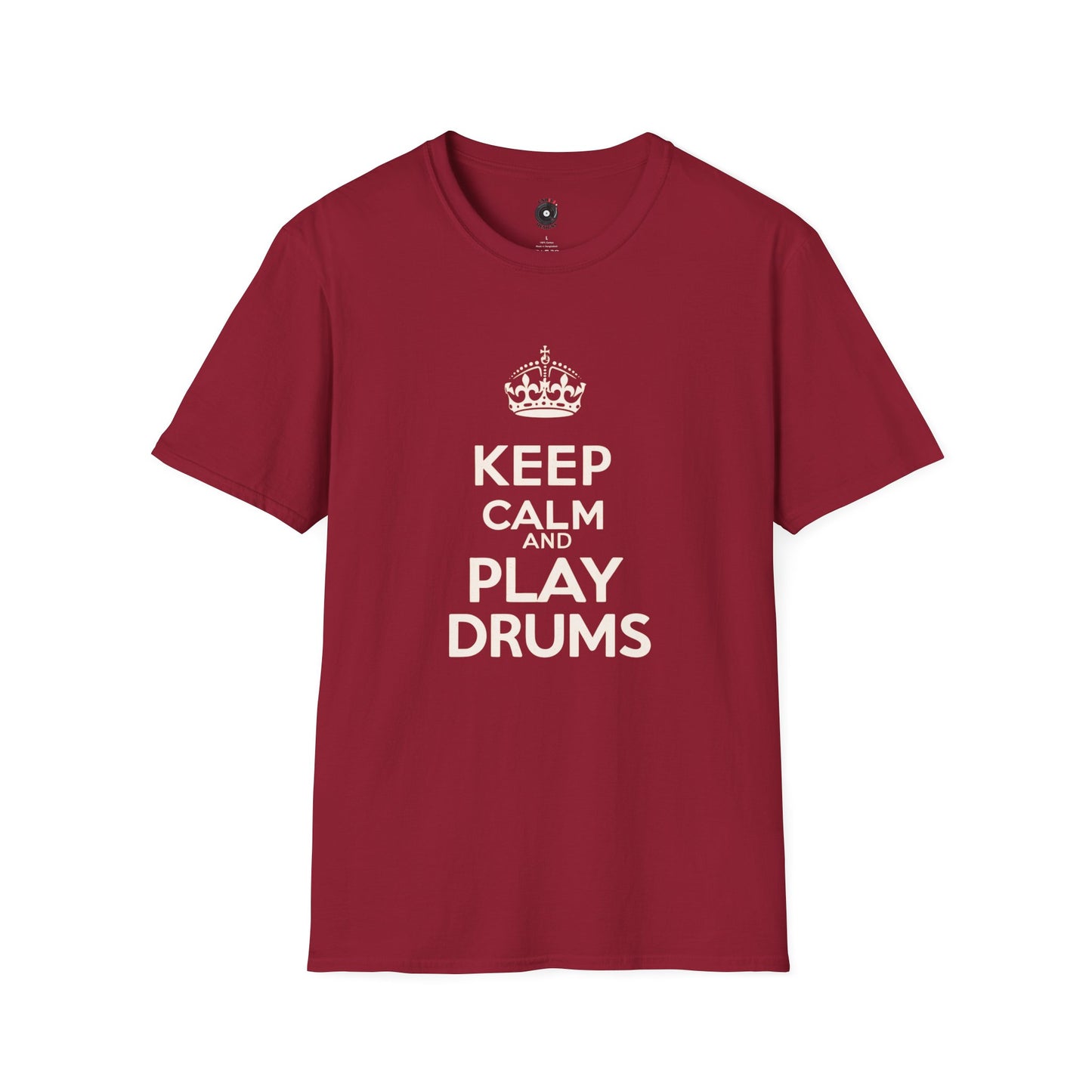 "Keep calm and play drums" text graphic tee.