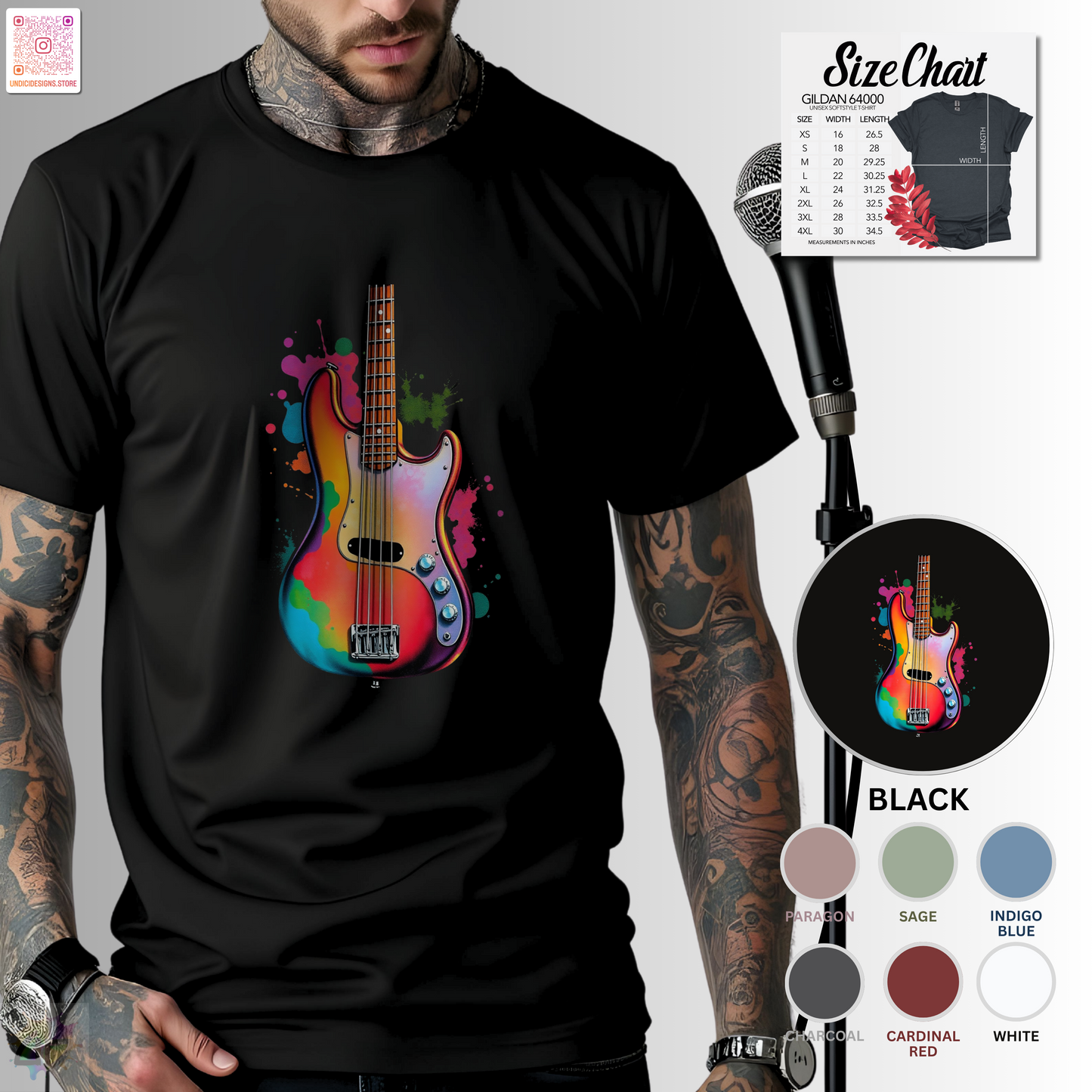 Colorful Jazz Bass Body in a vibrant splash graphic tee.