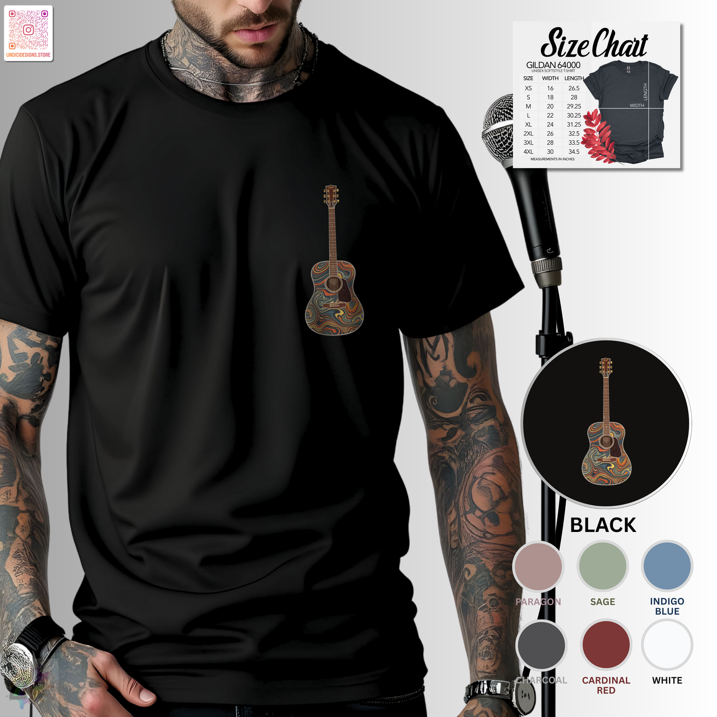 Psychedelic acoustic guitar pocket graphic tee.