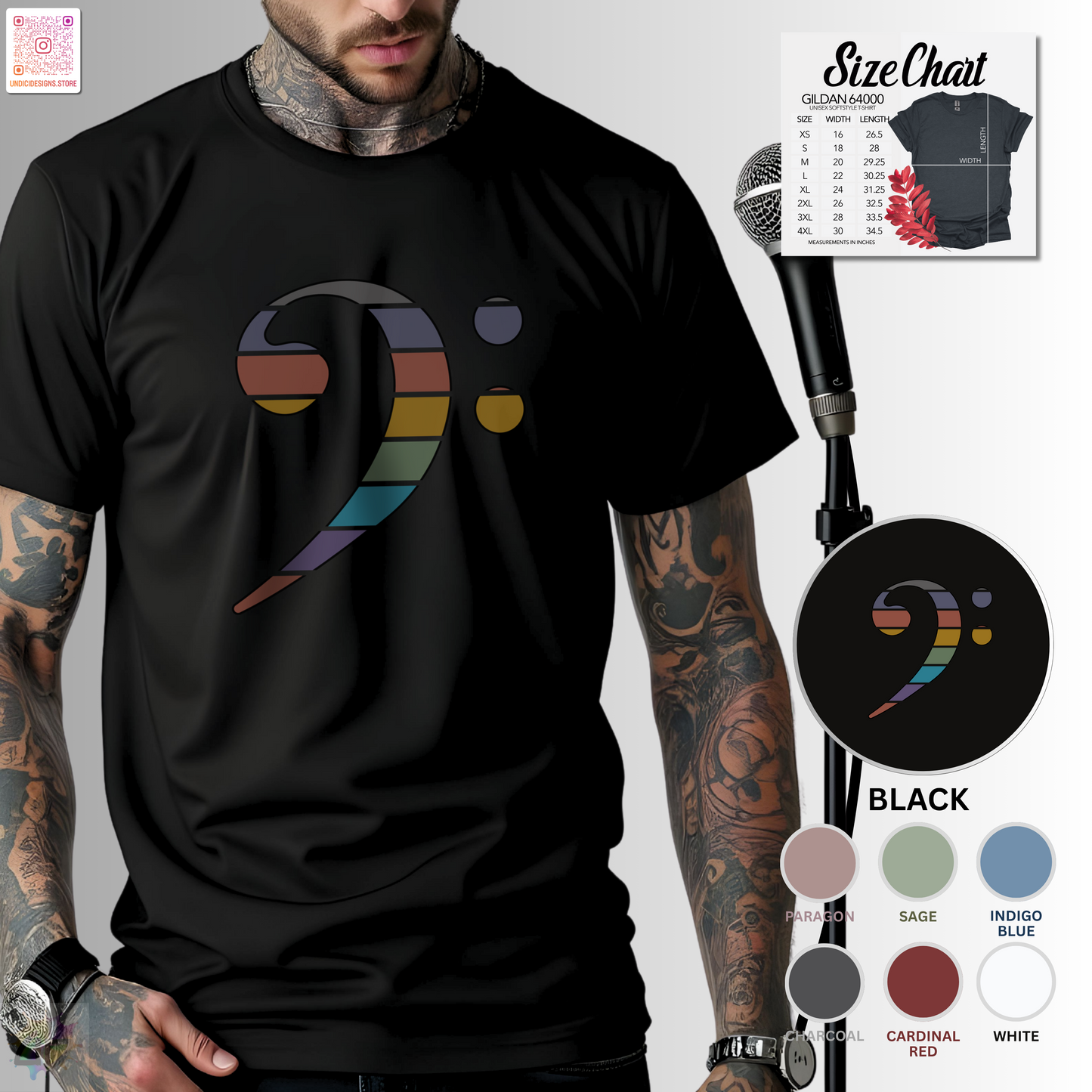 Retro sunset-colored bass clef graphic tee.