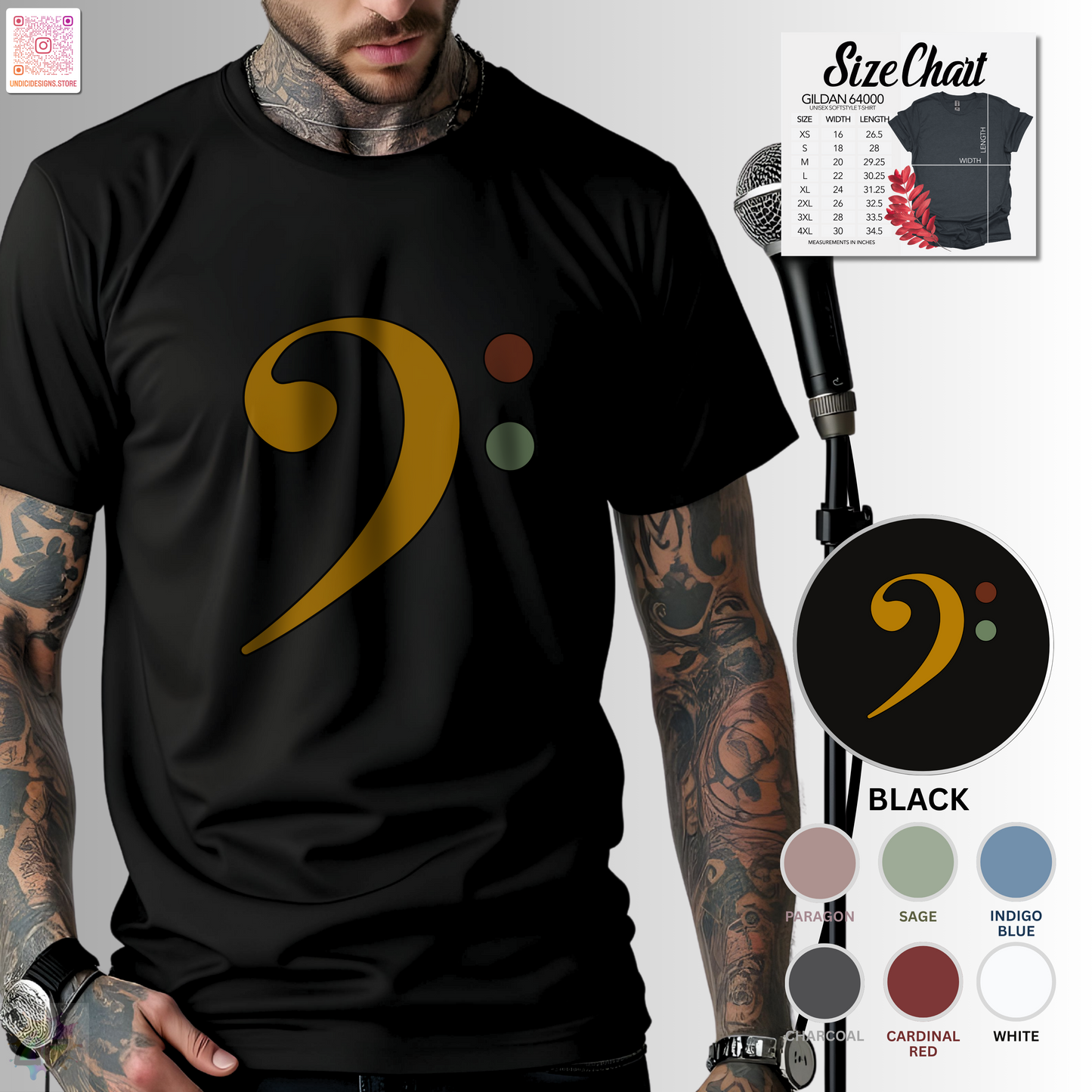 Multi-colored bass clef graphic tee.