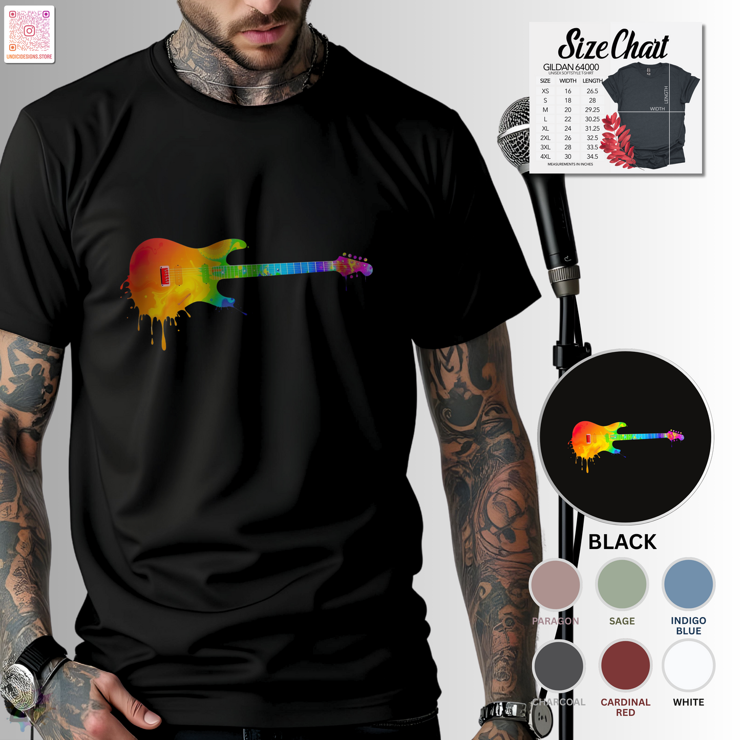 Vibrant guitar dripping colorfully graphic tee.