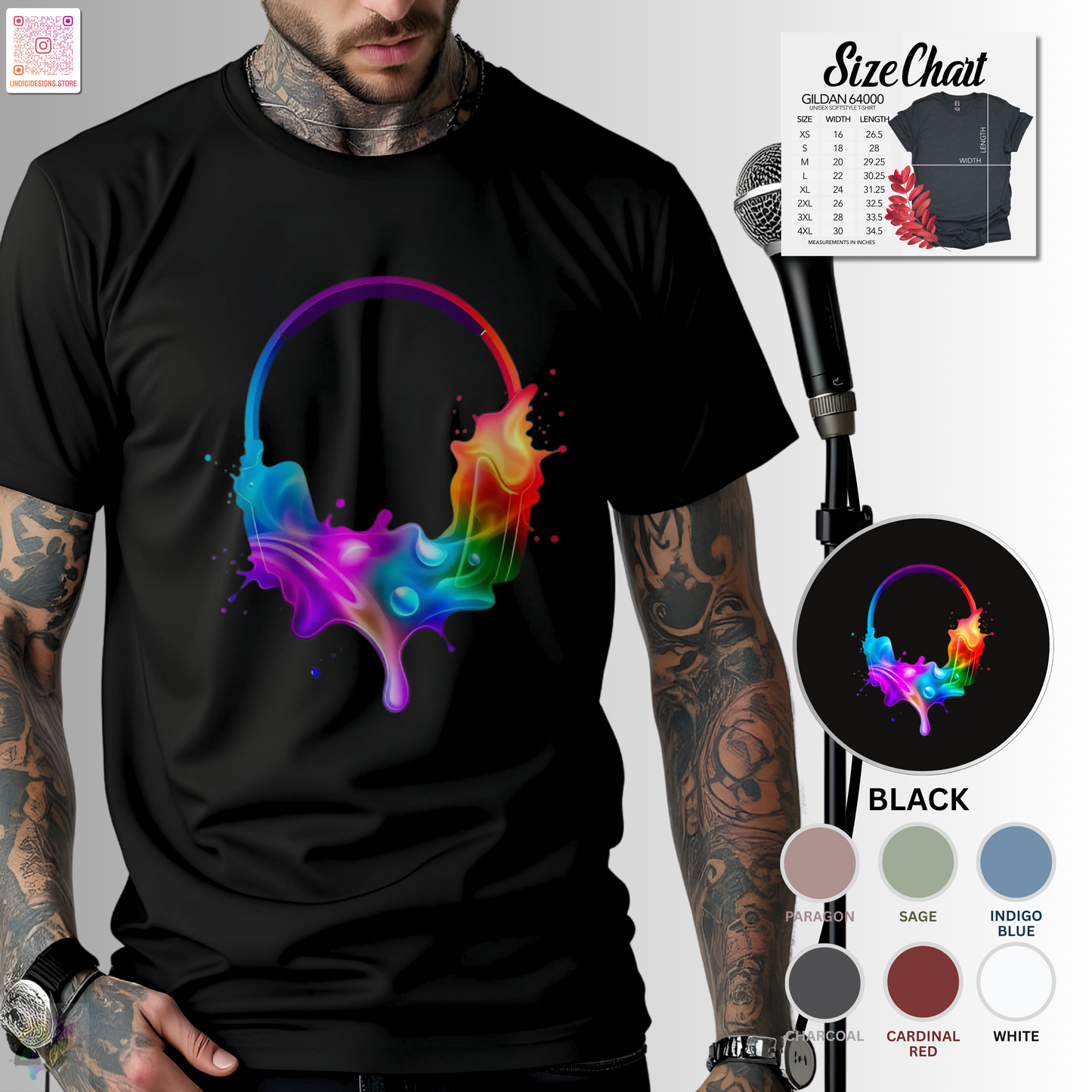 Colorful headphones in a vibrant multi-colored splash graphic tee.