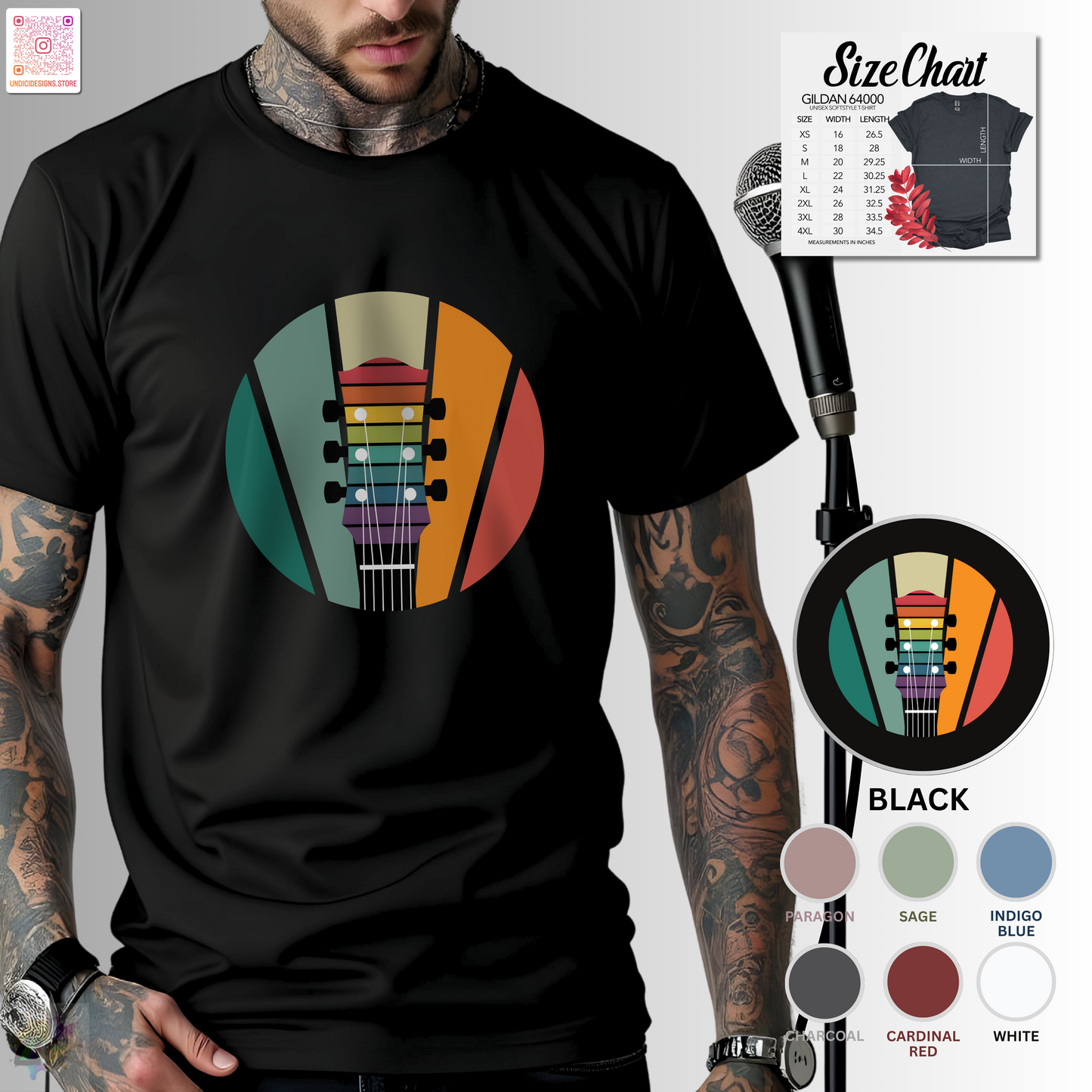 Guitar headstock on a retro sunset graphic tee.