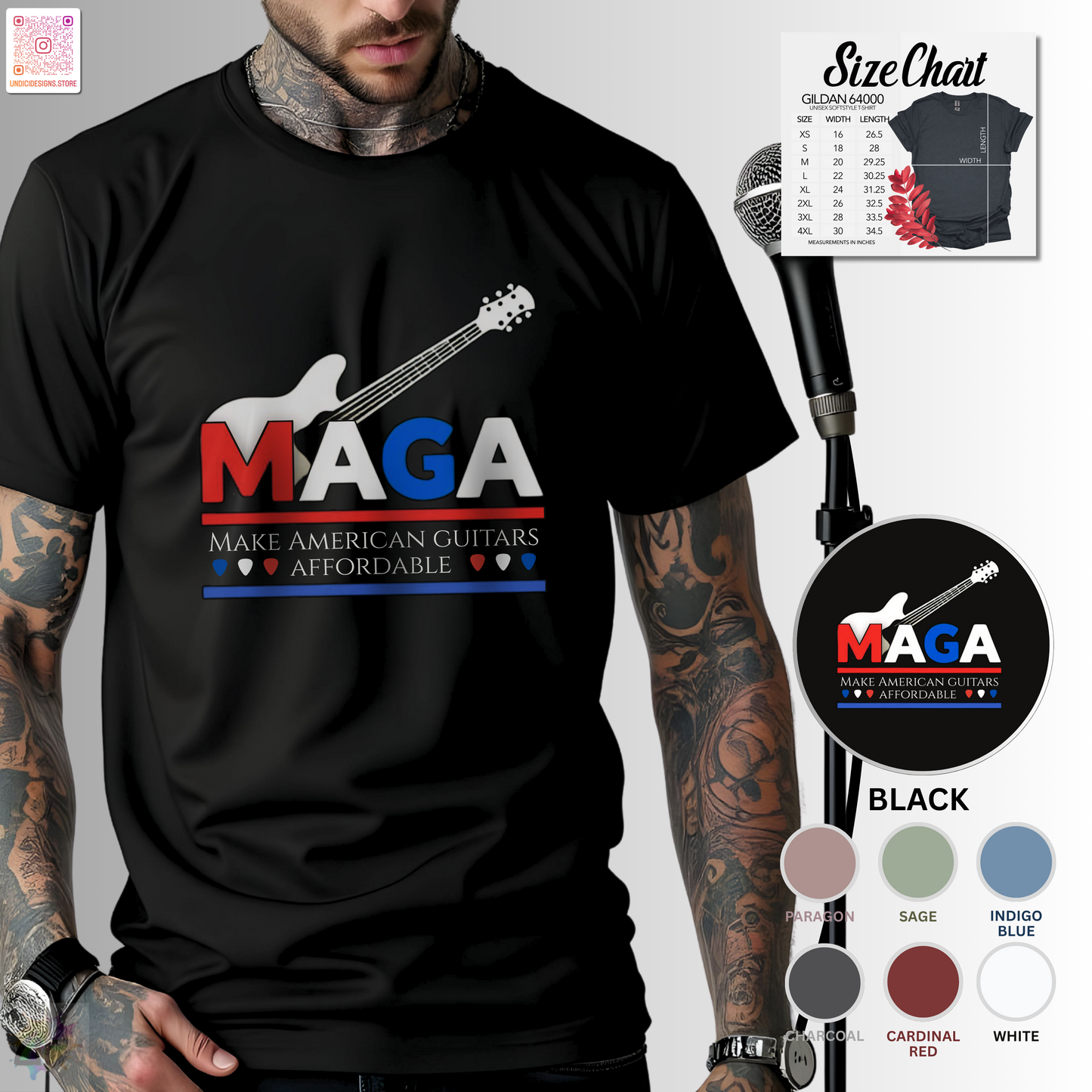 "Make American Guitars Affordable" with guitar graphic.