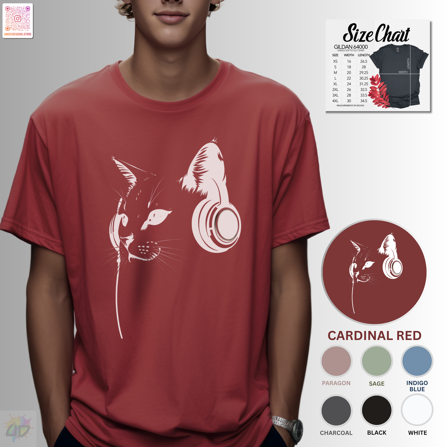 Silhouette of Chuck the Cat wearing headphones in a bust style graphic tee.