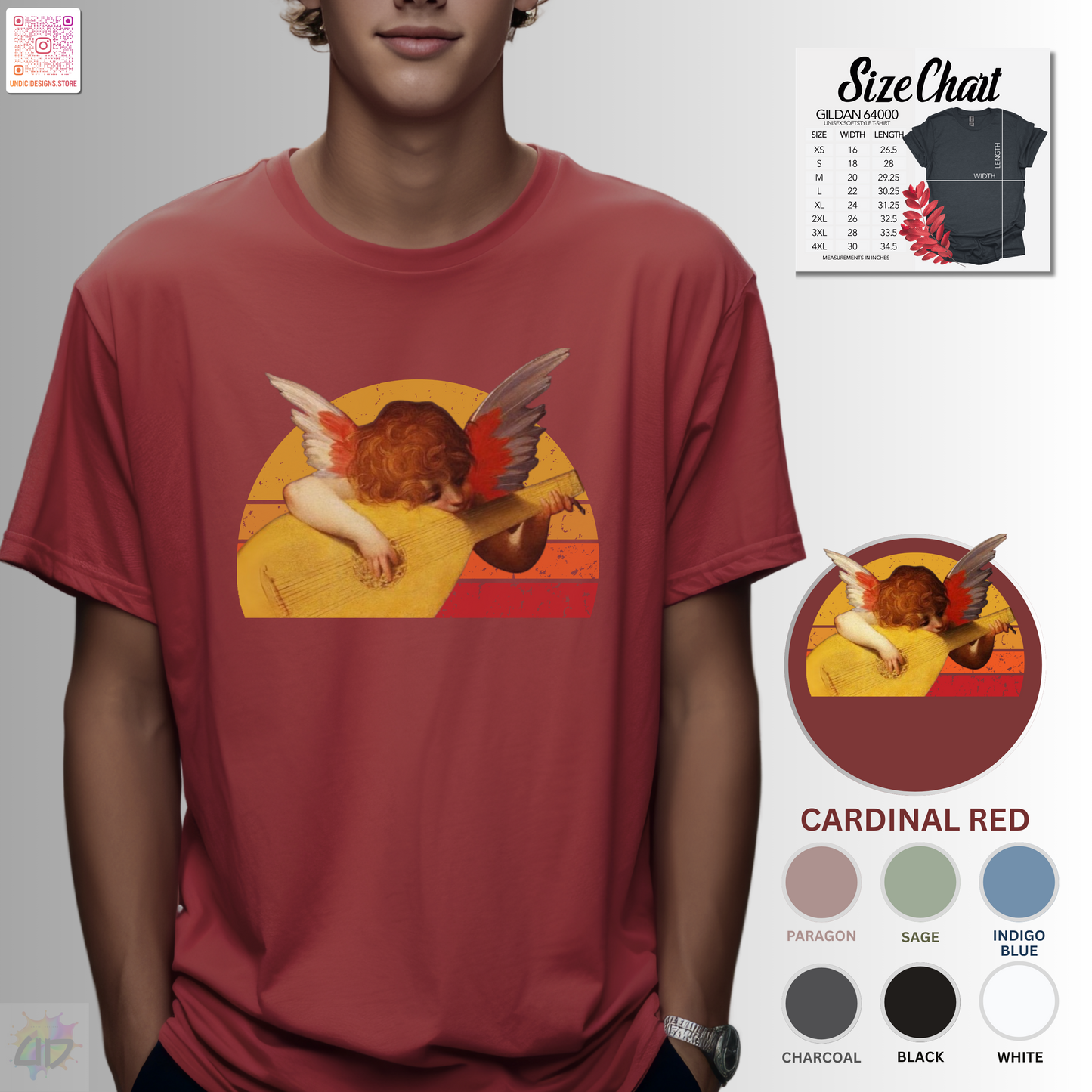 Cherub playing guitar in circular retro sunset graphic tee.