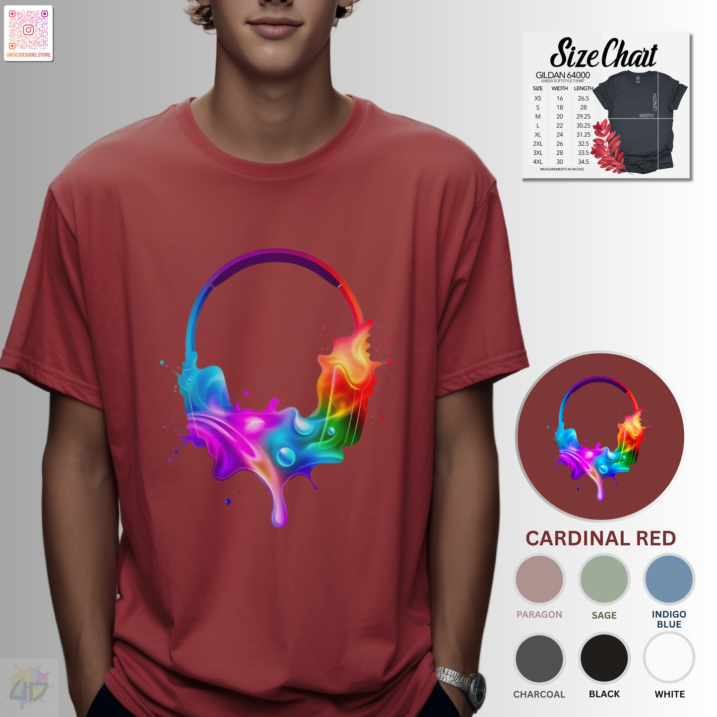 Colorful headphones in a vibrant multi-colored splash graphic tee.