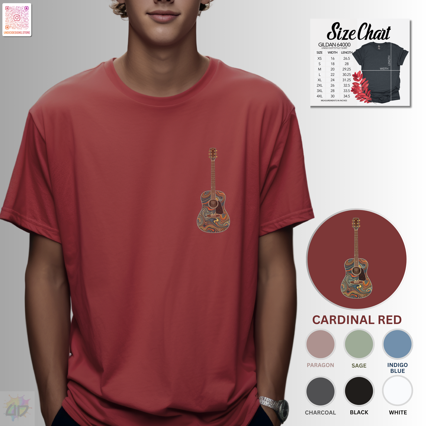 Psychedelic acoustic guitar pocket graphic tee.
