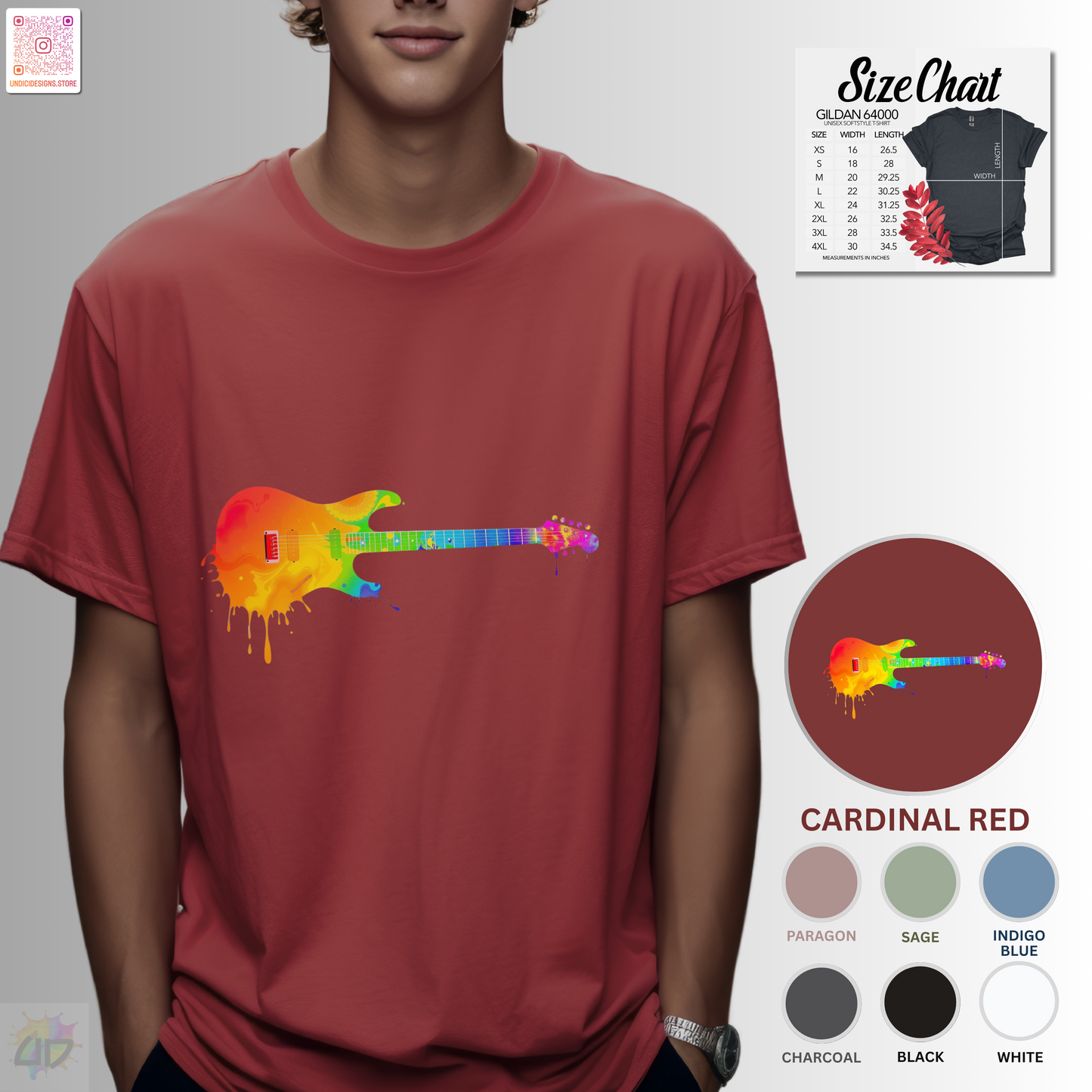 Vibrant guitar dripping colorfully graphic tee.