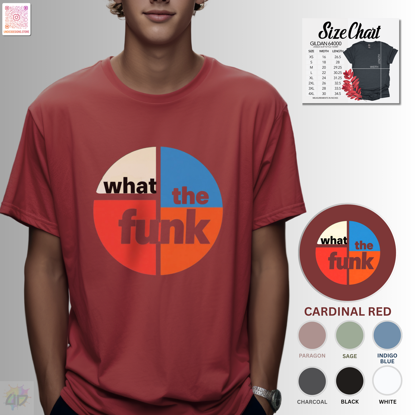 "What the funk" in a retro circle graphic tee.