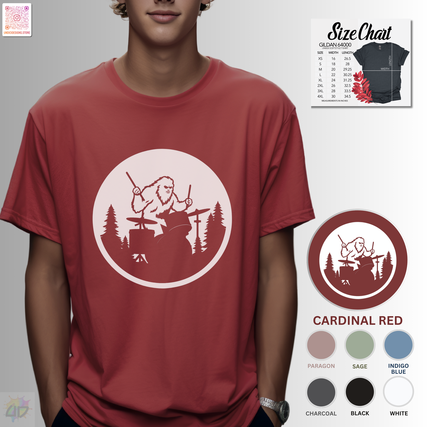 Big foot silhouette playing drums in a circular graphic tee.
