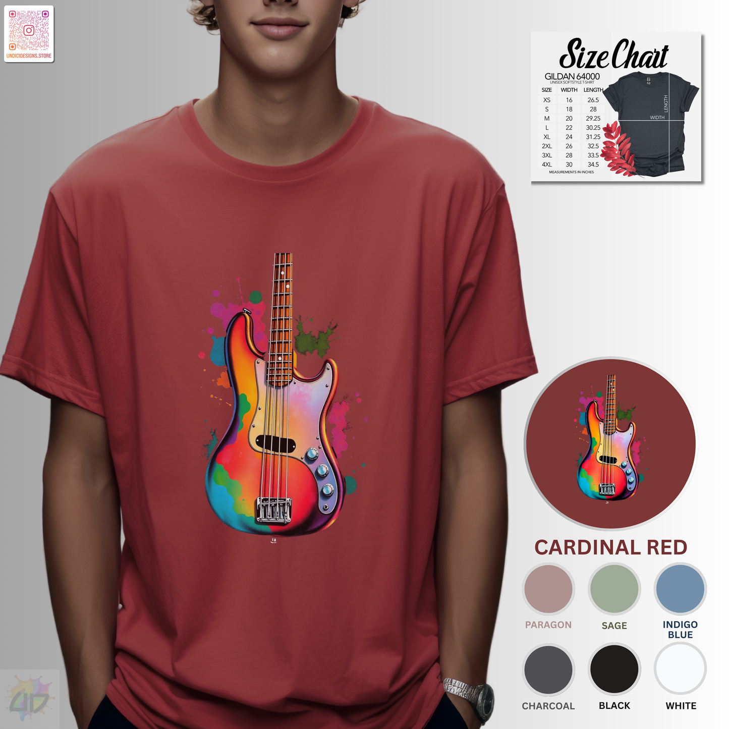 Colorful Jazz Bass Body in a vibrant splash graphic tee.