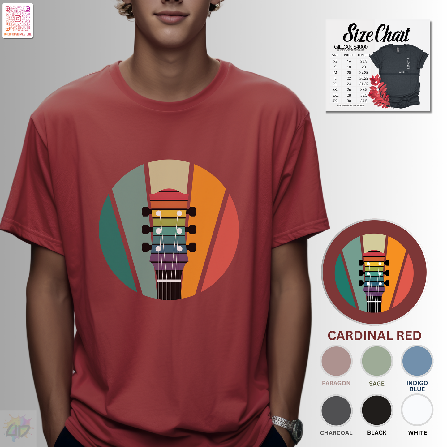 Guitar headstock on a retro sunset graphic tee.