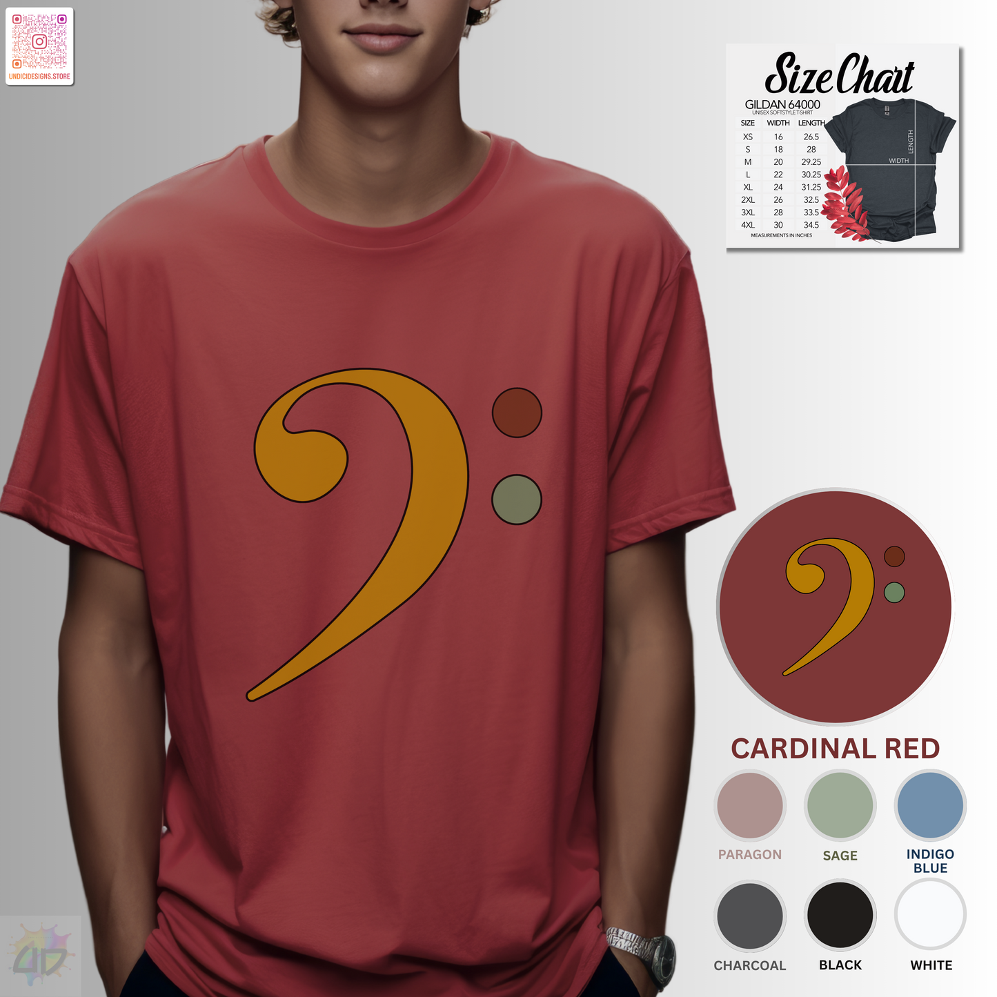 Multi-colored bass clef graphic tee.
