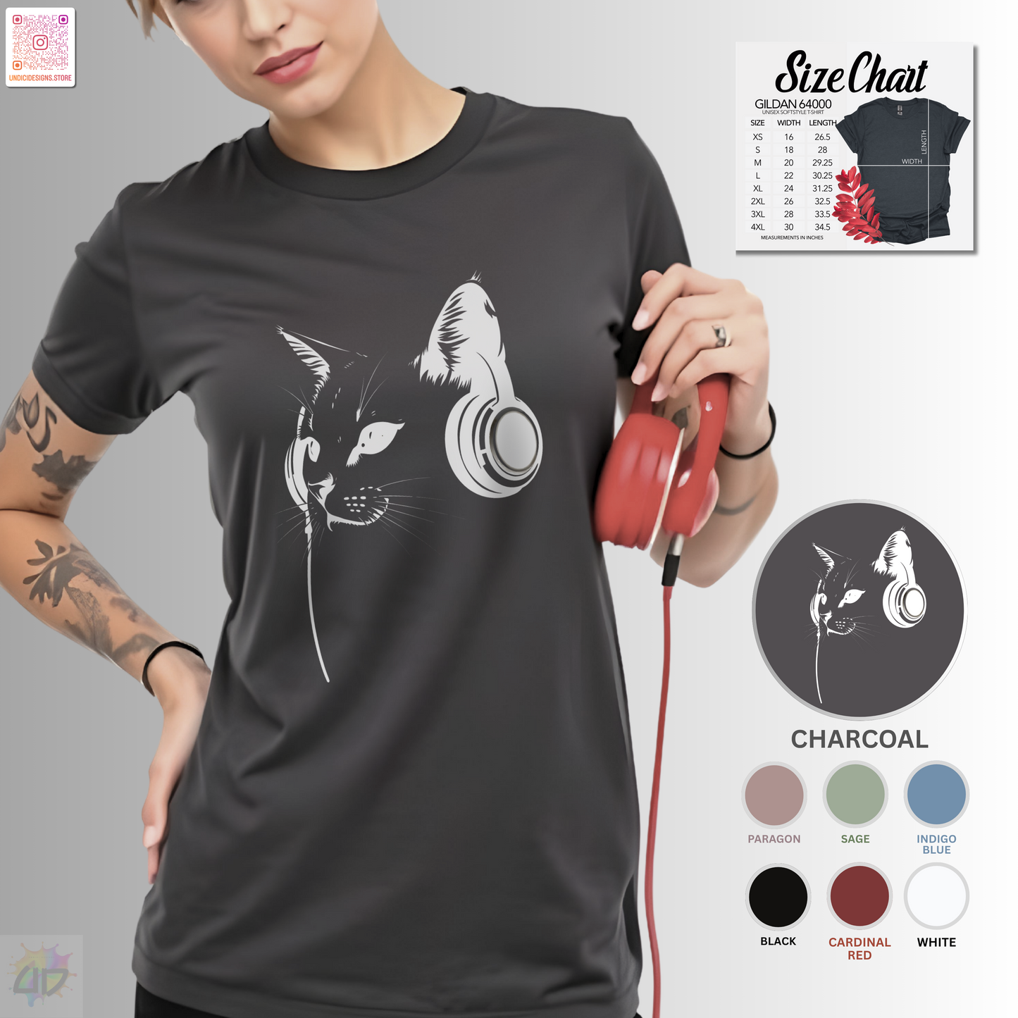 Silhouette of Chuck the Cat wearing headphones in a bust style graphic tee.
