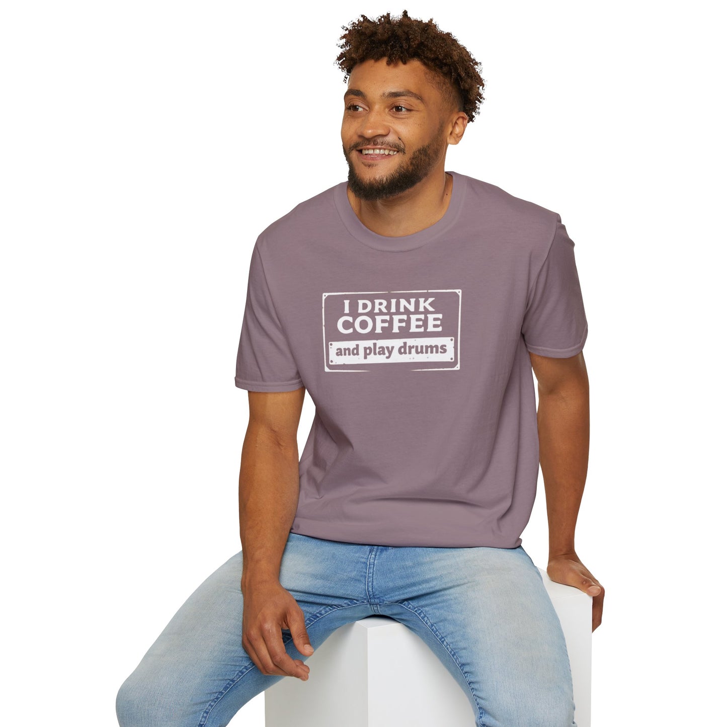 "I drink coffee and play drums" in a stamplike design