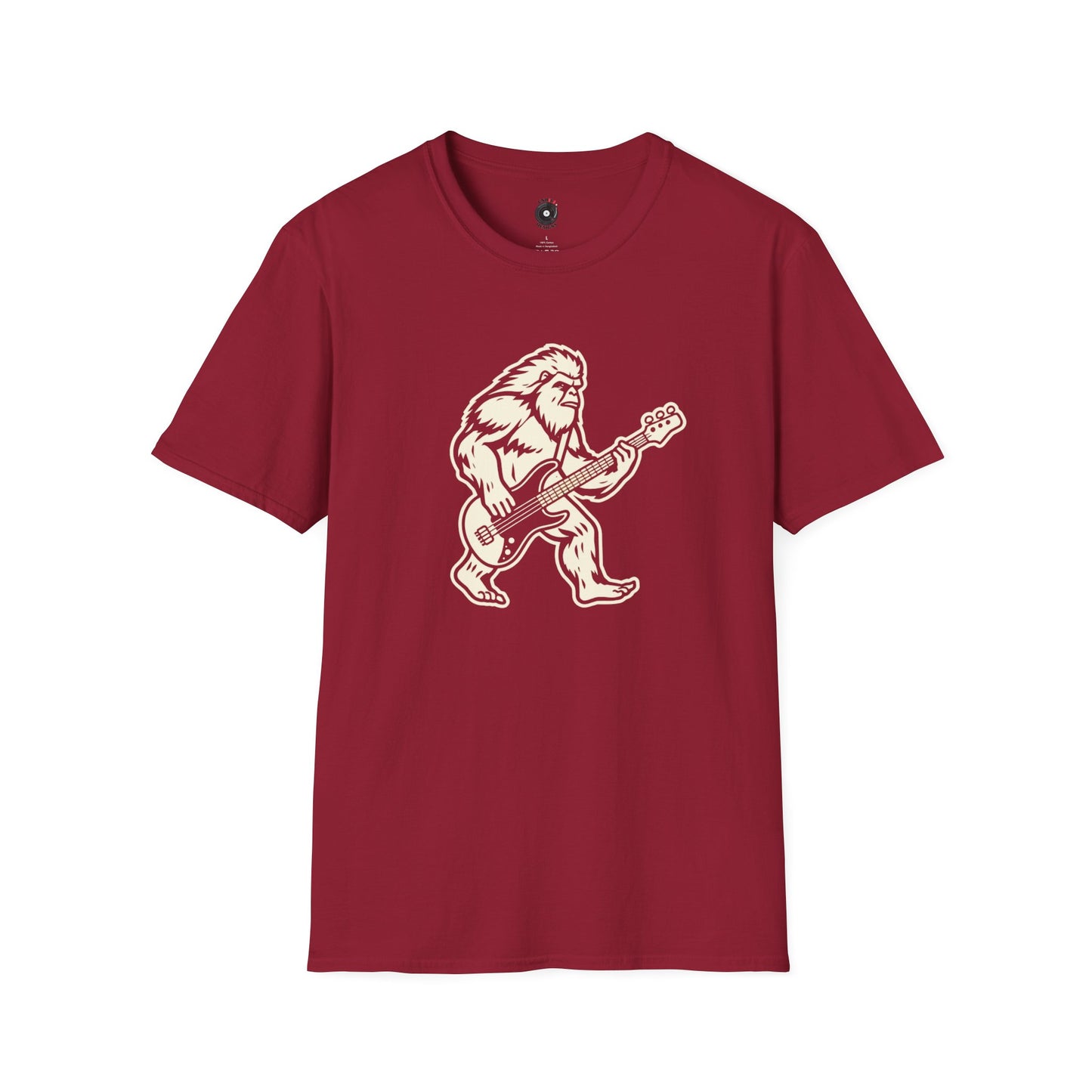 Yeti silhouette with Bass guitar in a cream-colored graphic.