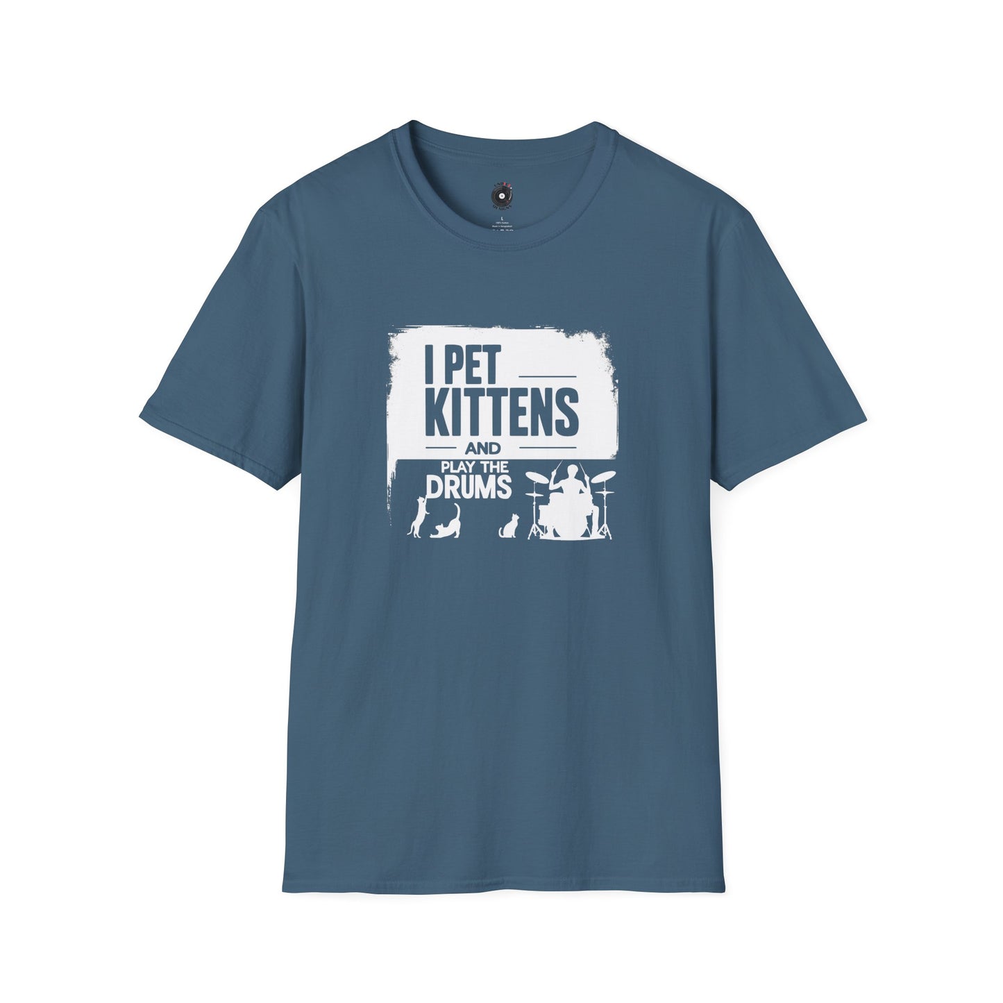 "I pet kittens and play the drums" in highlight graphic tee.