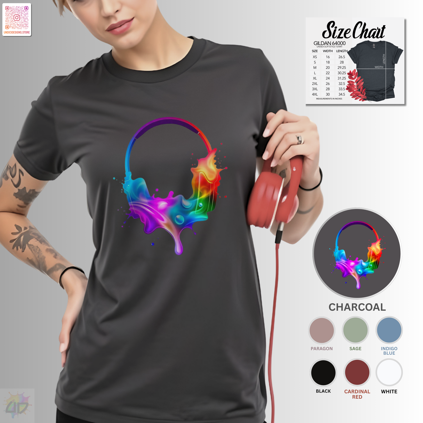 Colorful headphones in a vibrant multi-colored splash graphic tee.