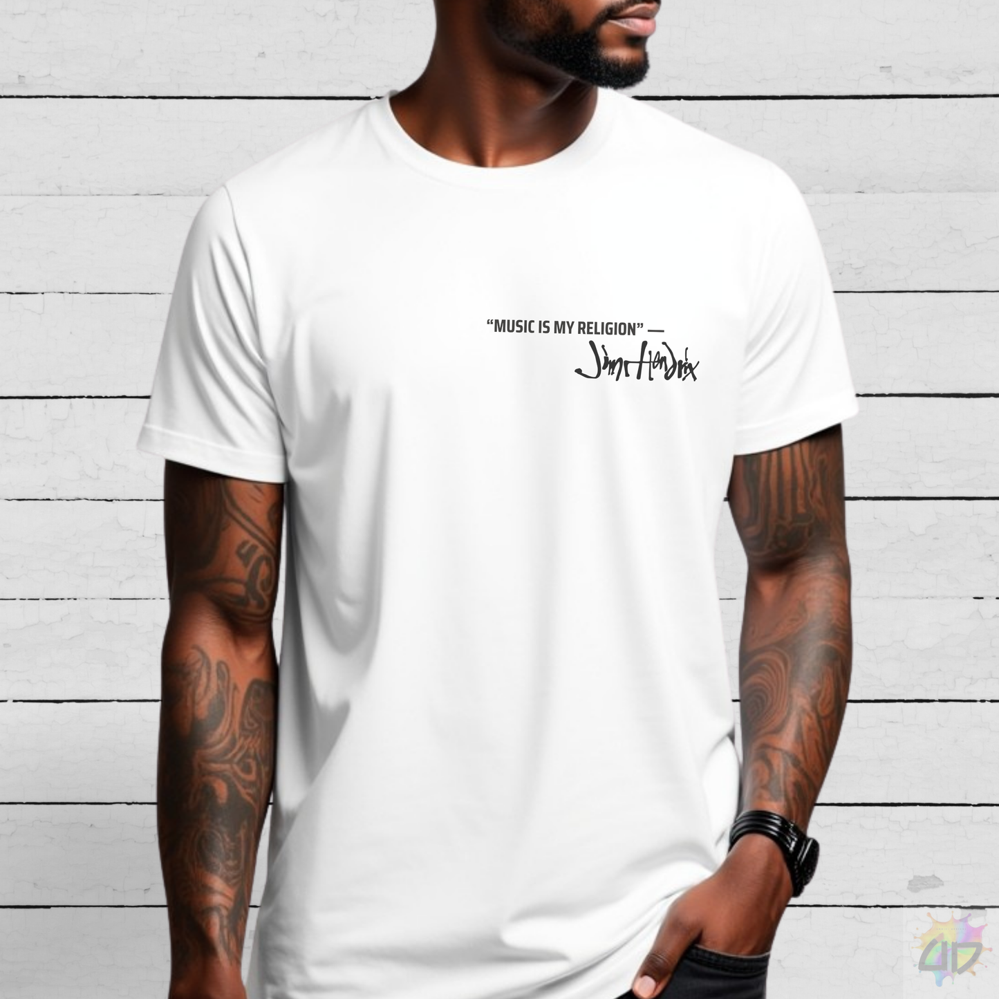"Music Is My Religion" J. Hendrix. Pocket Graphic Tee.