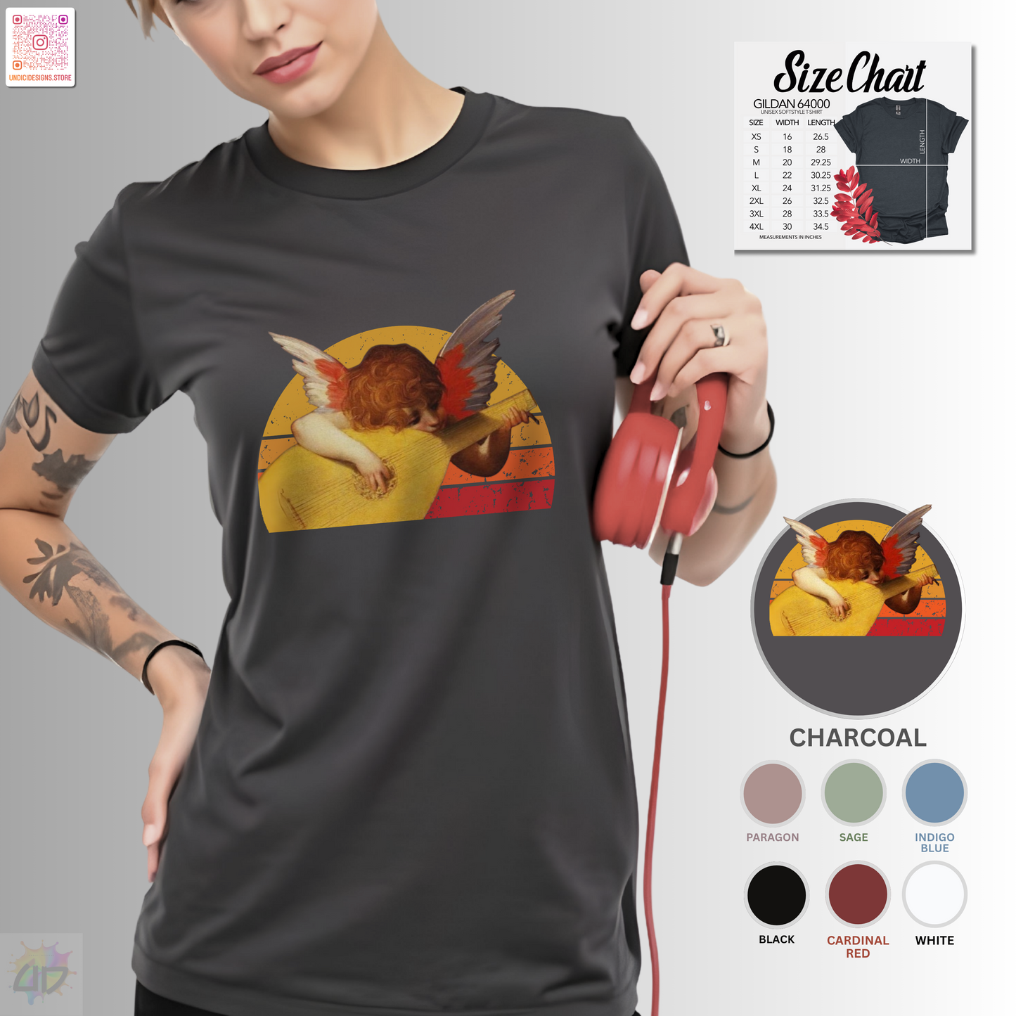 Cherub playing guitar in circular retro sunset graphic tee.