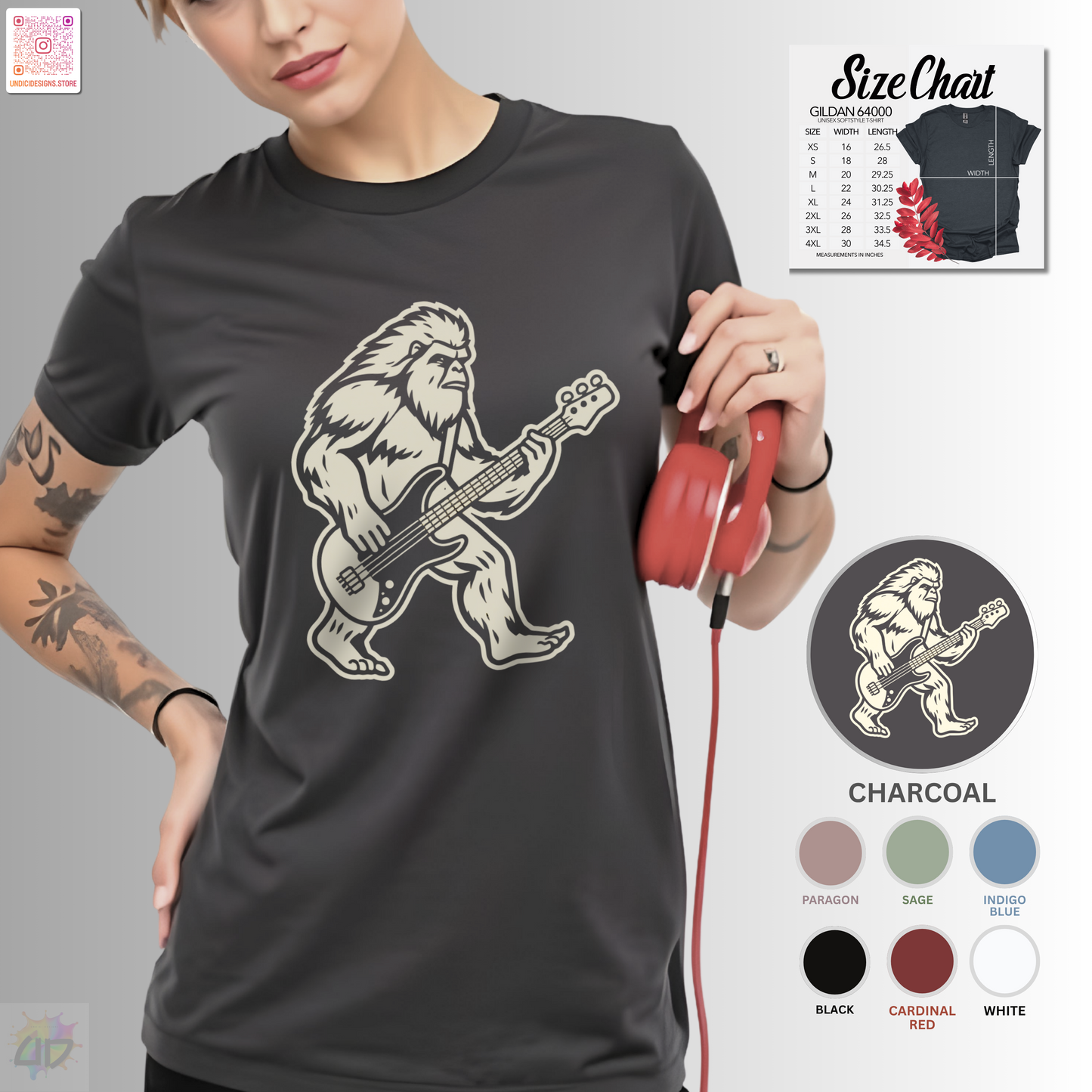 Yeti silhouette with Bass guitar in a cream-colored graphic tee.
