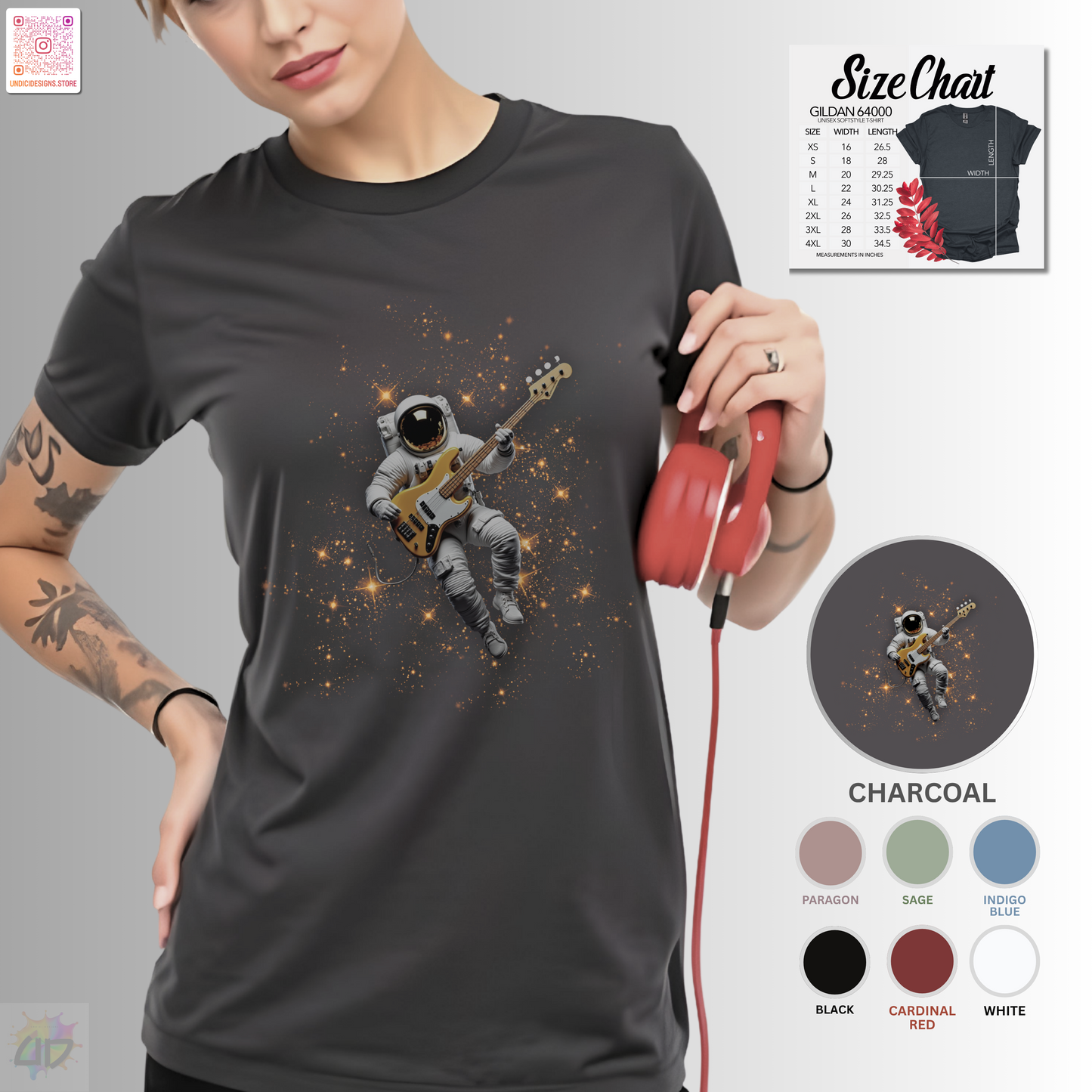Astronaut playing bass in space graphic tee.