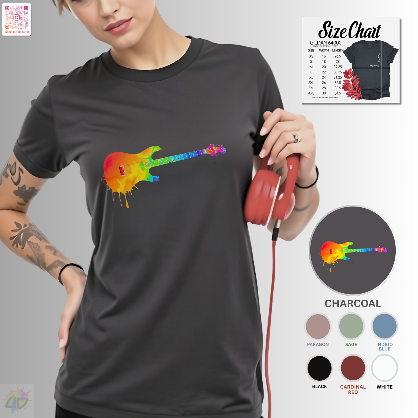 Vibrant guitar dripping colorfully graphic tee.