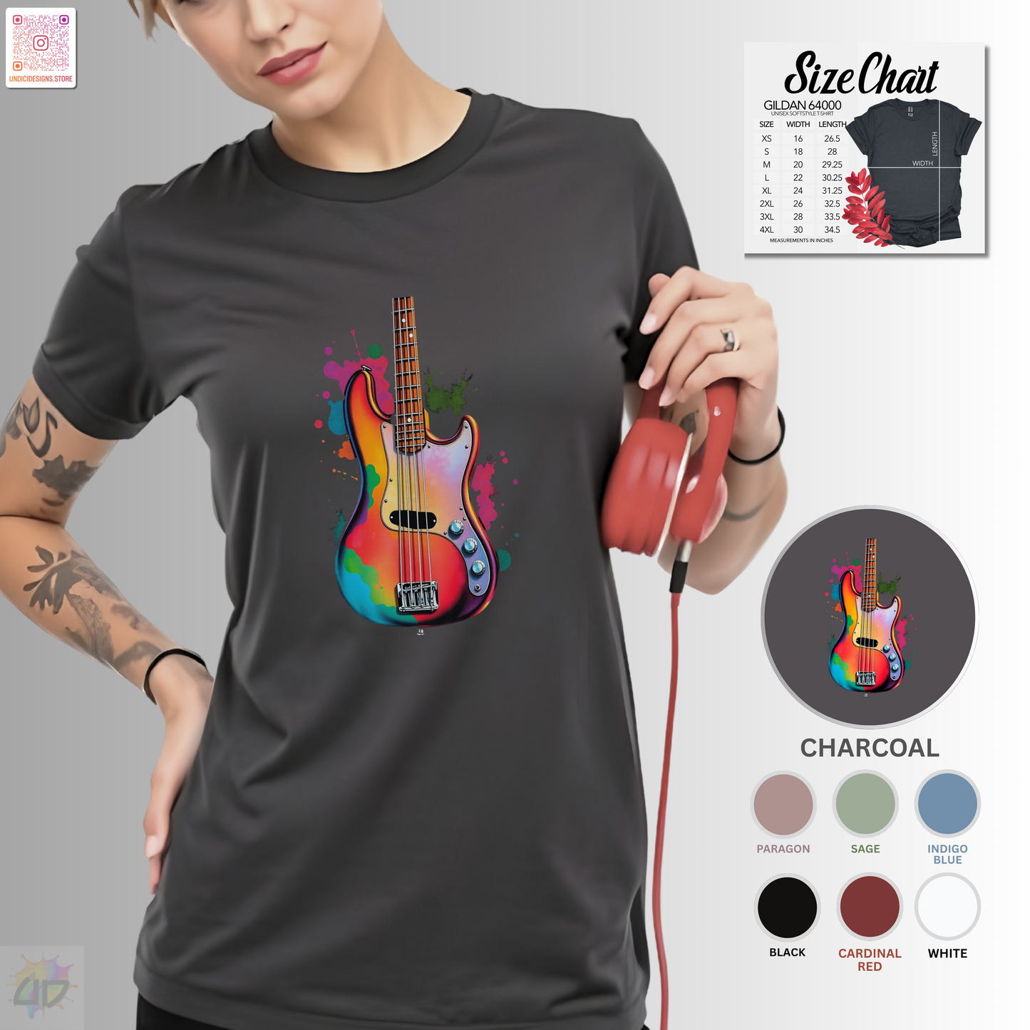 Colorful Jazz Bass Body in a vibrant splash graphic tee.