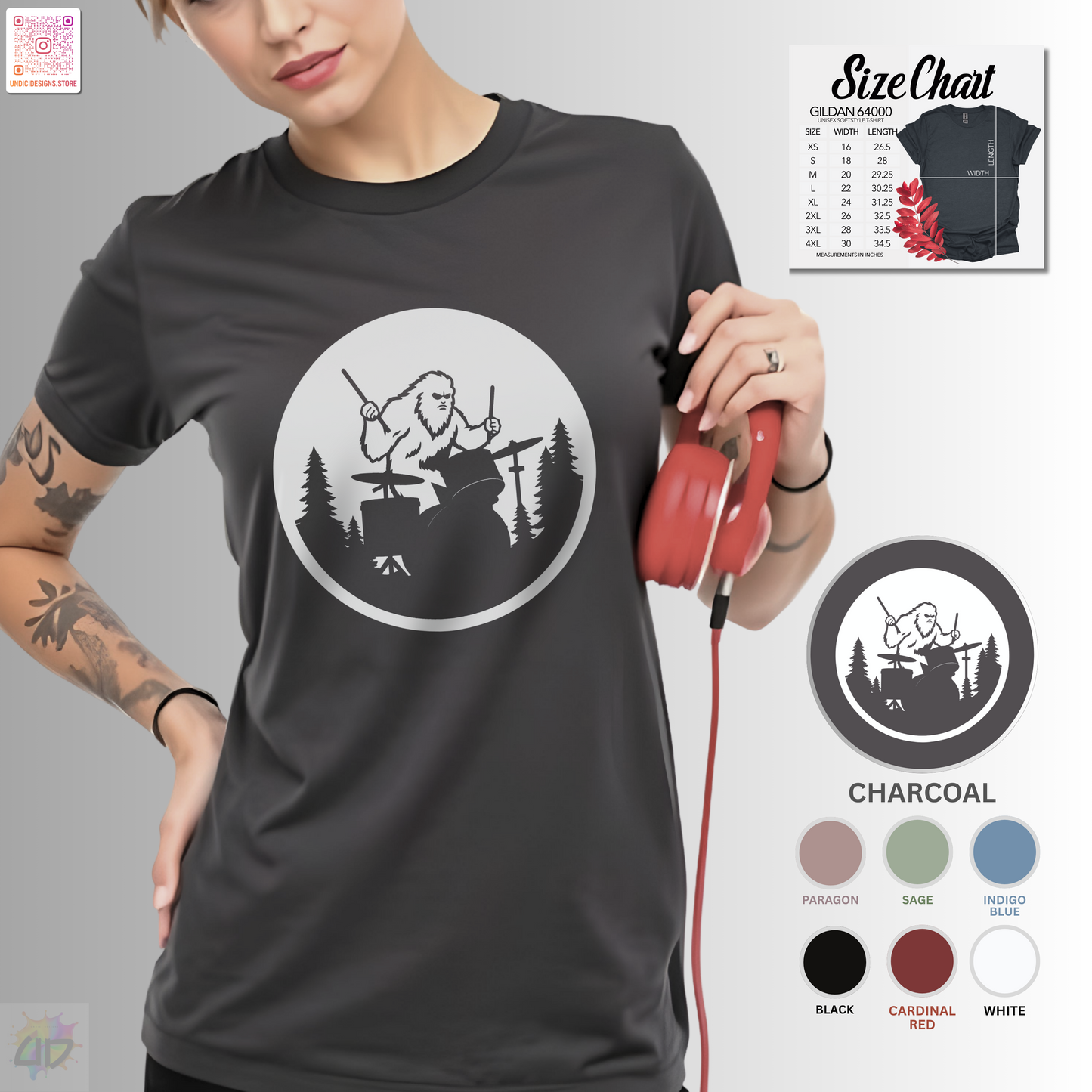 Big foot silhouette playing drums in a circular graphic tee.