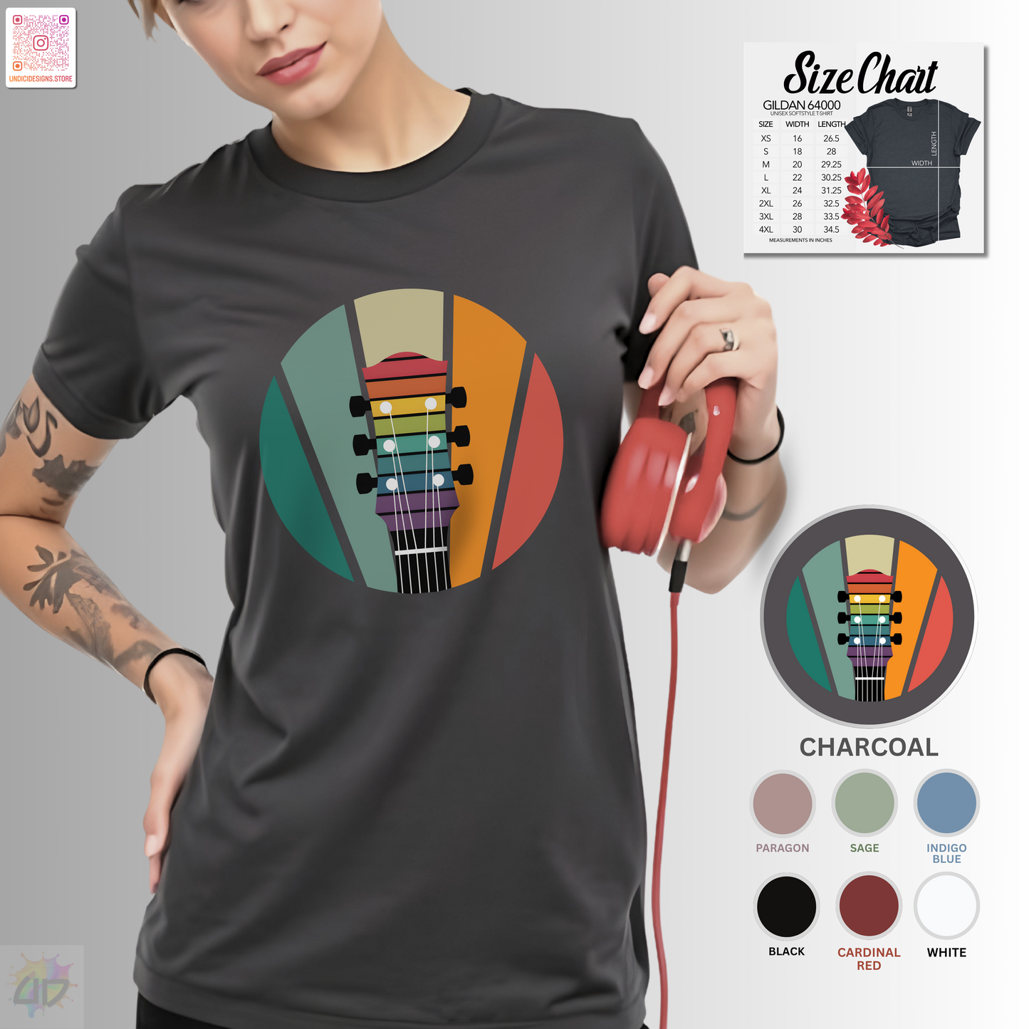 Guitar headstock on a retro sunset graphic tee.