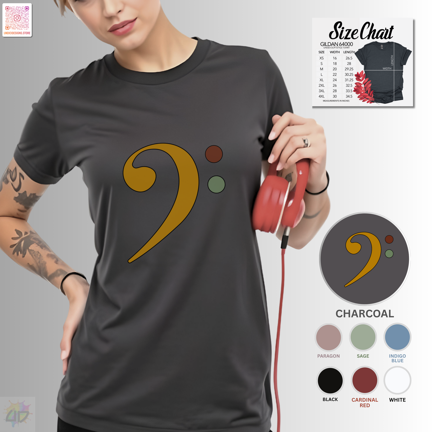 Multi-colored bass clef graphic tee.