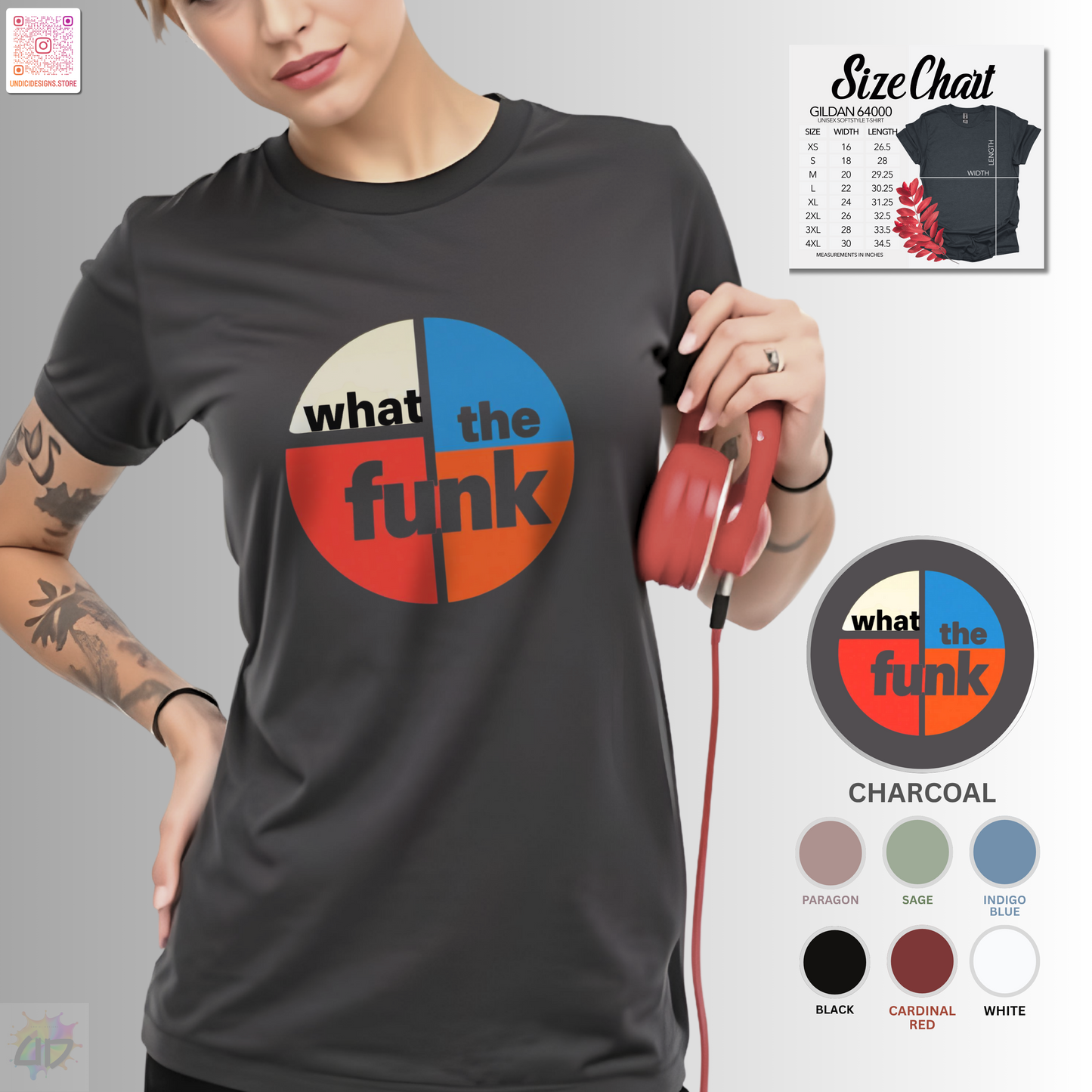 "What the funk" in a retro circle graphic tee.