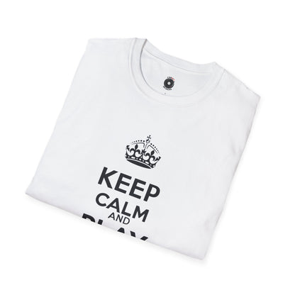 "Keep calm and play drums" text graphic tee.