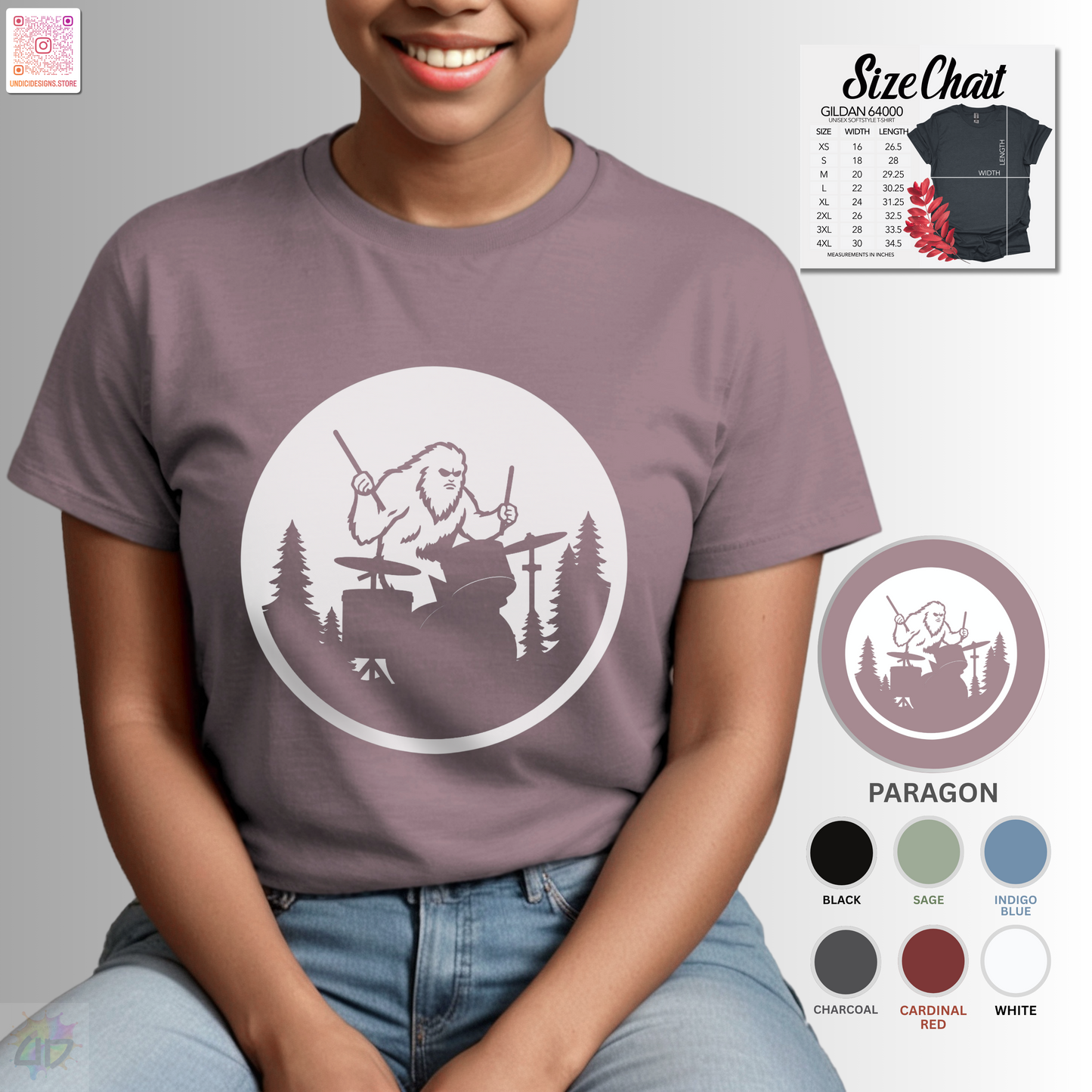 Big foot silhouette playing drums in a circular graphic tee.