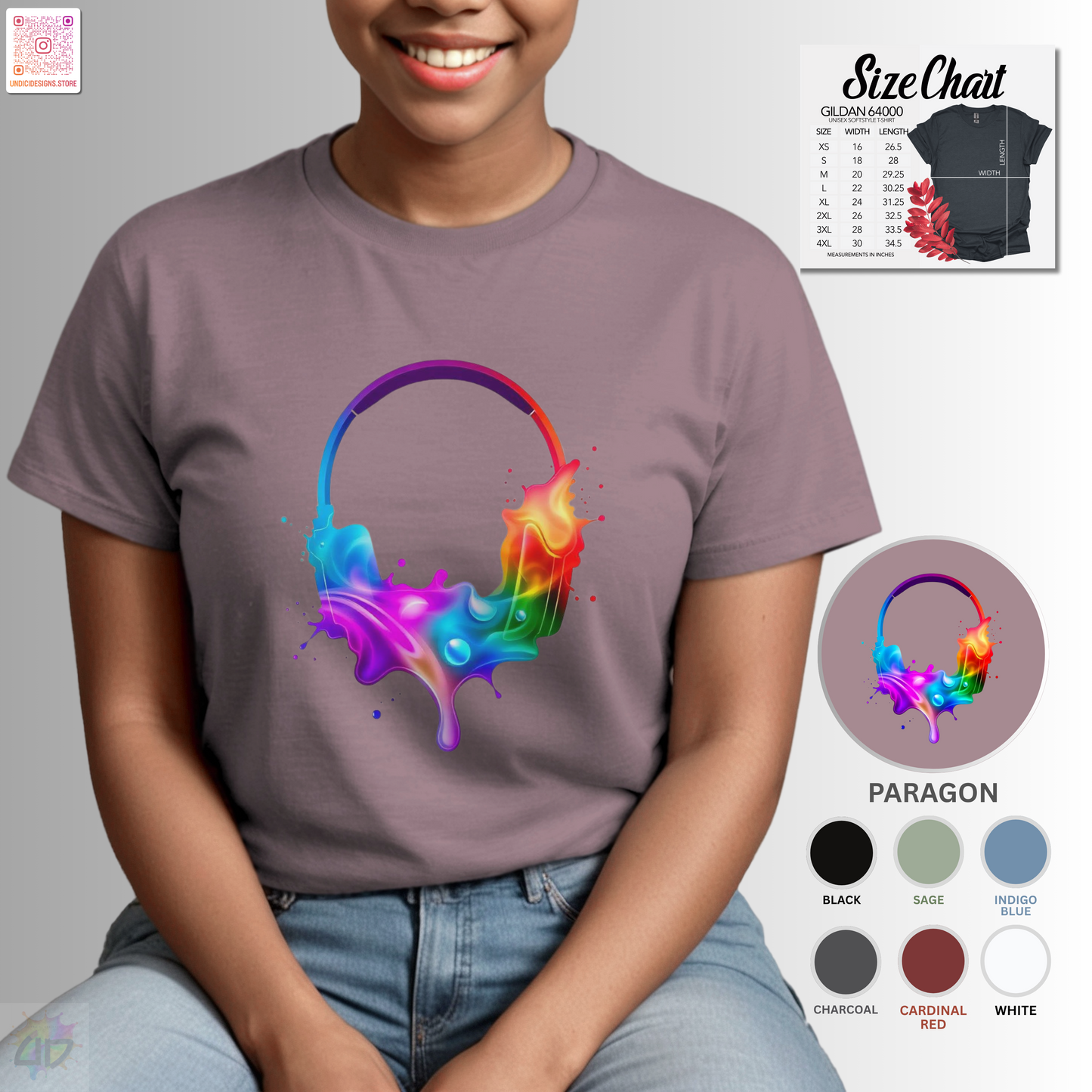 Colorful headphones in a vibrant multi-colored splash graphic tee.