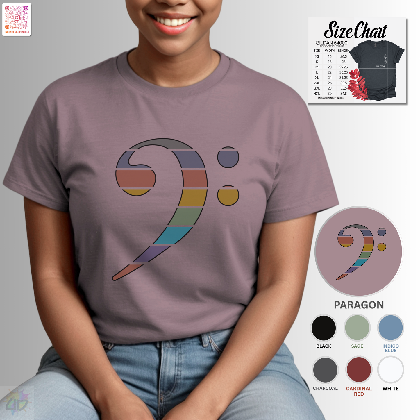 Retro sunset-colored bass clef graphic tee.