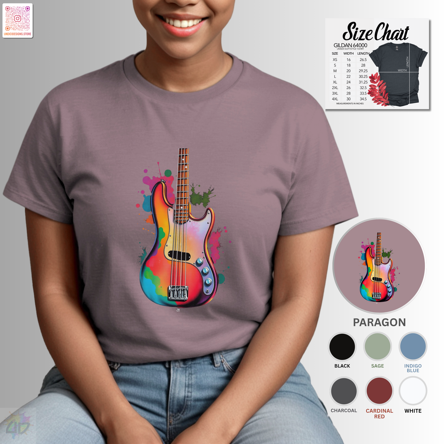 Colorful Jazz Bass Body in a vibrant splash graphic tee.