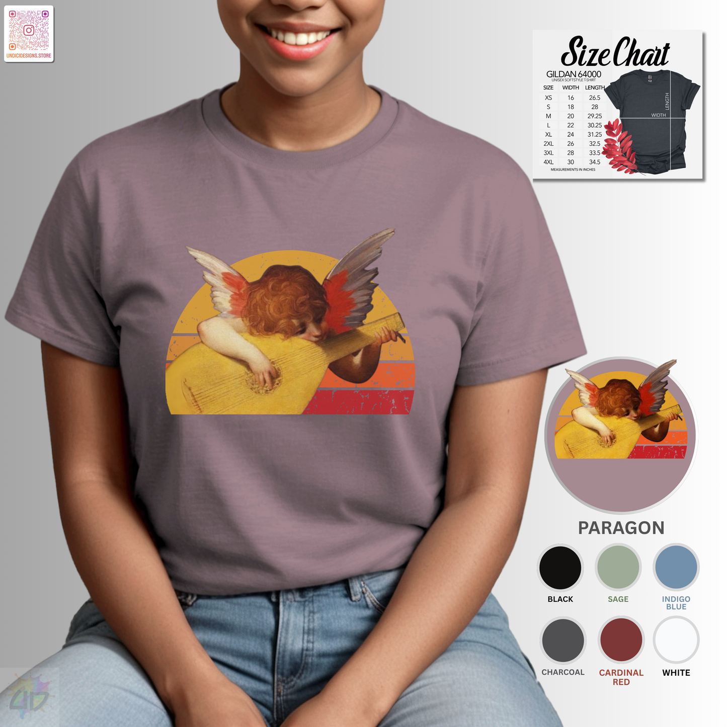 Cherub playing guitar in circular retro sunset graphic tee.