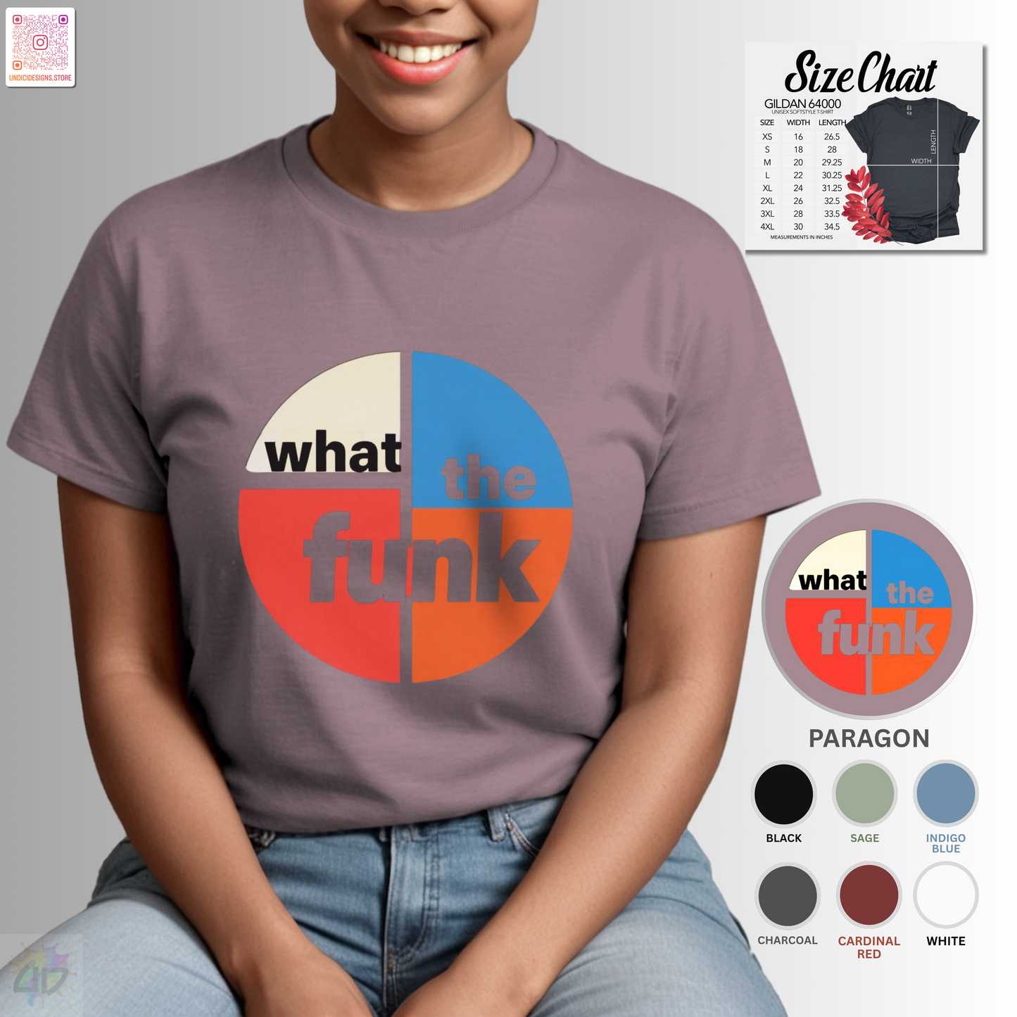 "What the funk" in a retro circle graphic tee.