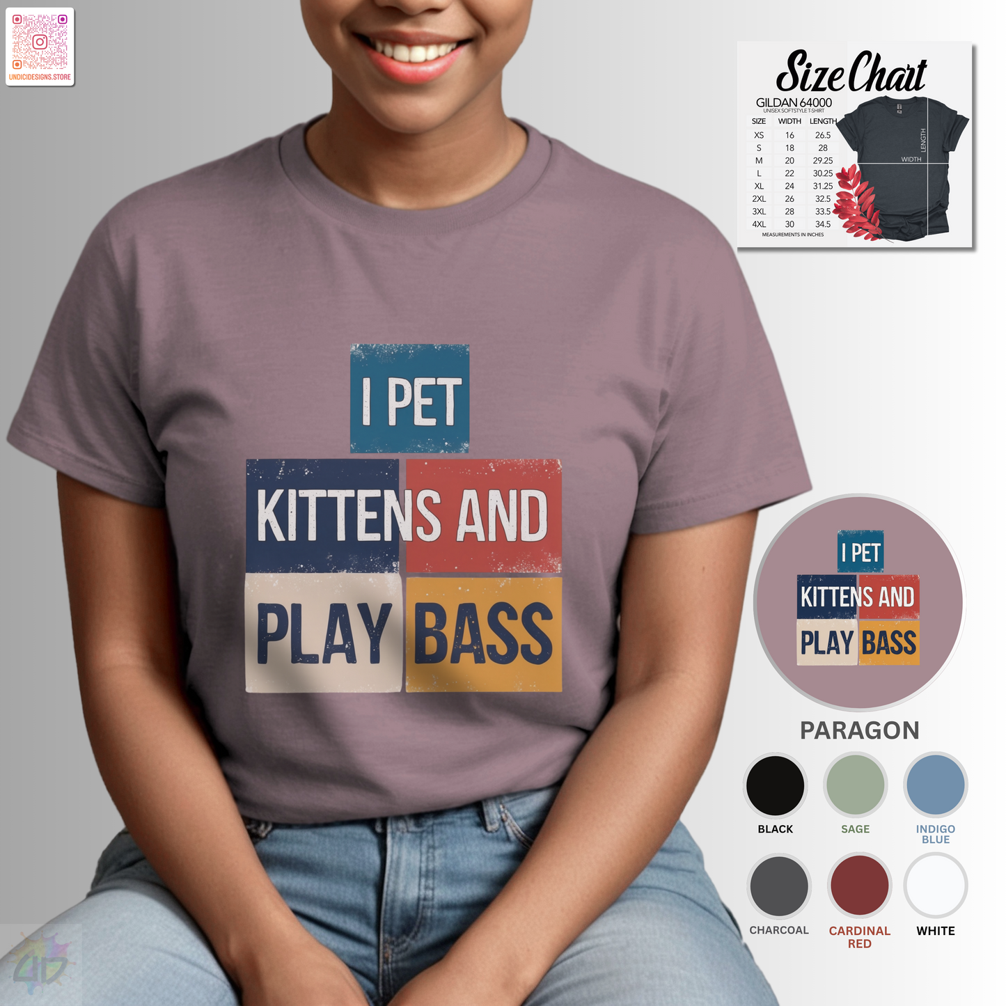 "I pet kittens and play bass" in colorful highlights graphic tee.