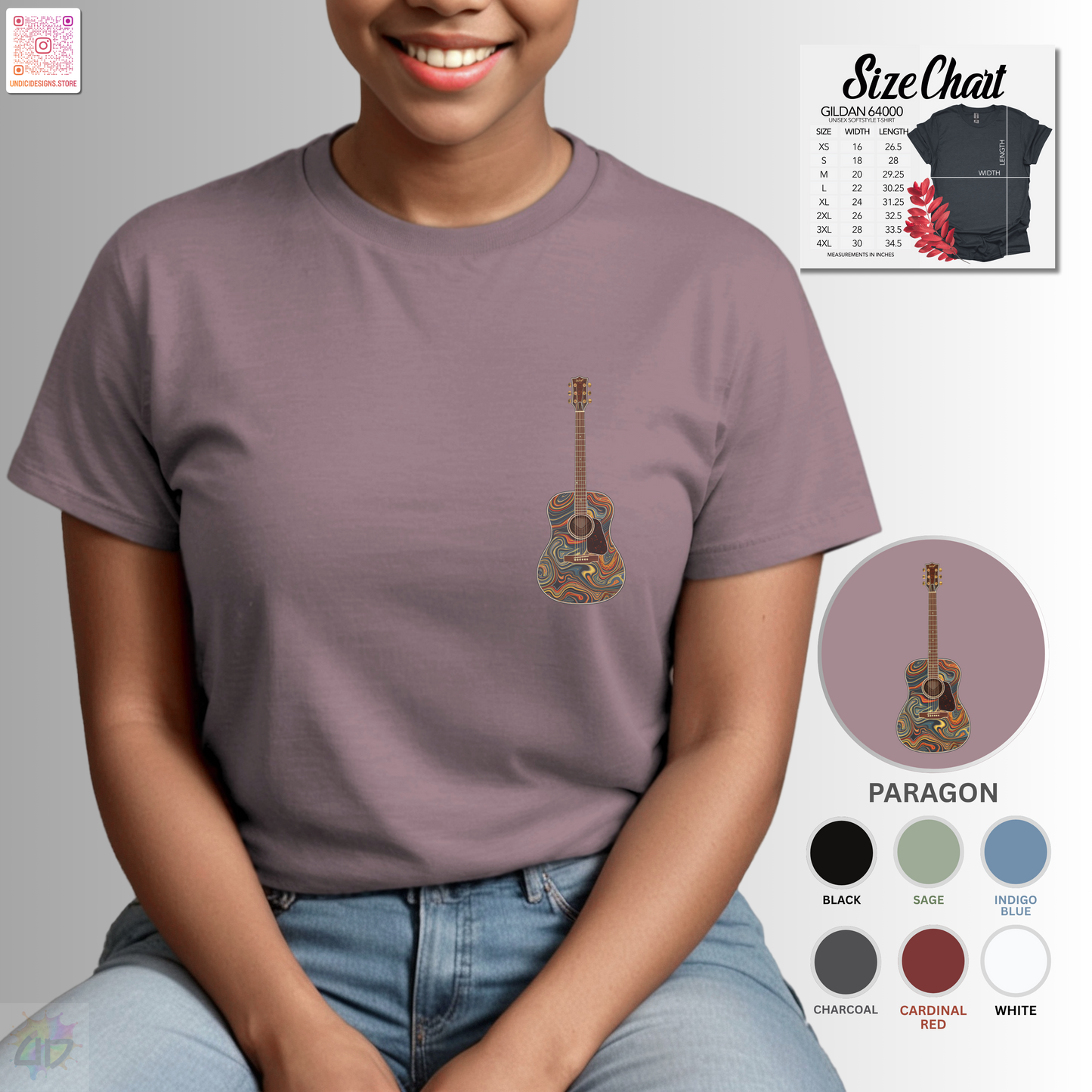 Psychedelic acoustic guitar pocket graphic tee.