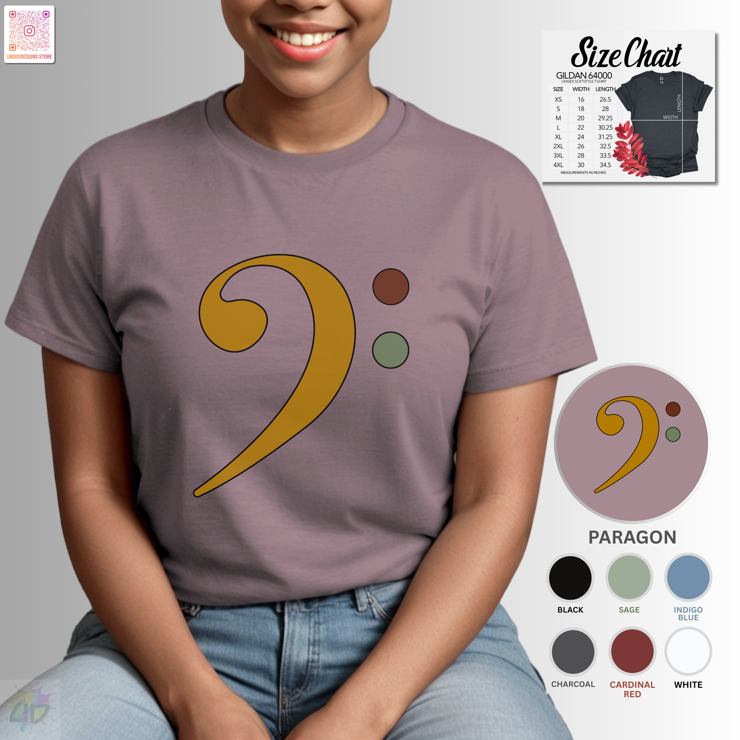Multi-colored bass clef graphic tee.