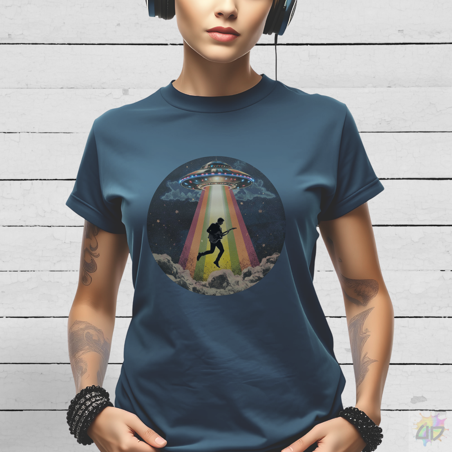 Guitar Player Being Abducted in a Retro Beam Graphic Tee.